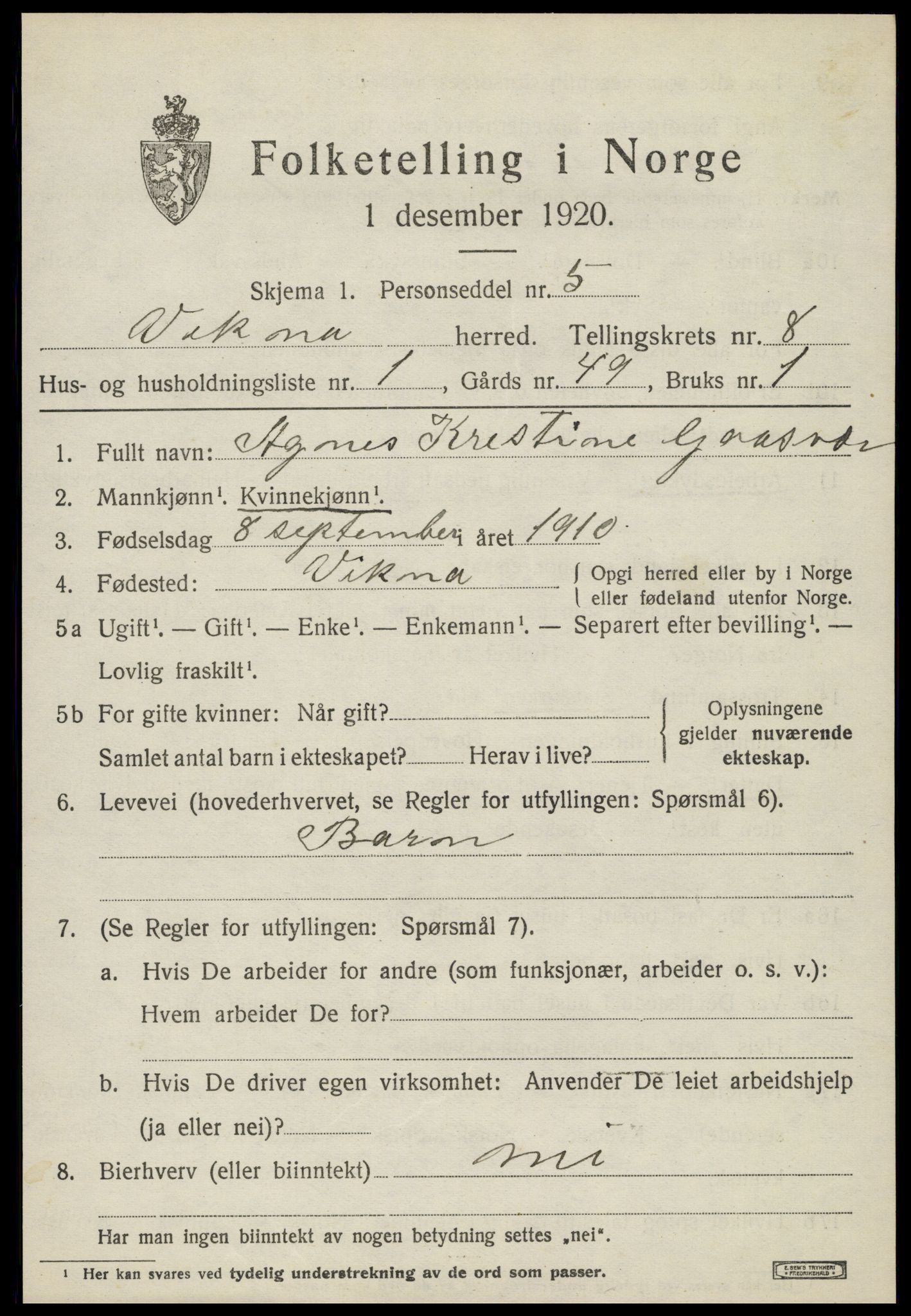 SAT, 1920 census for Vikna, 1920, p. 5995