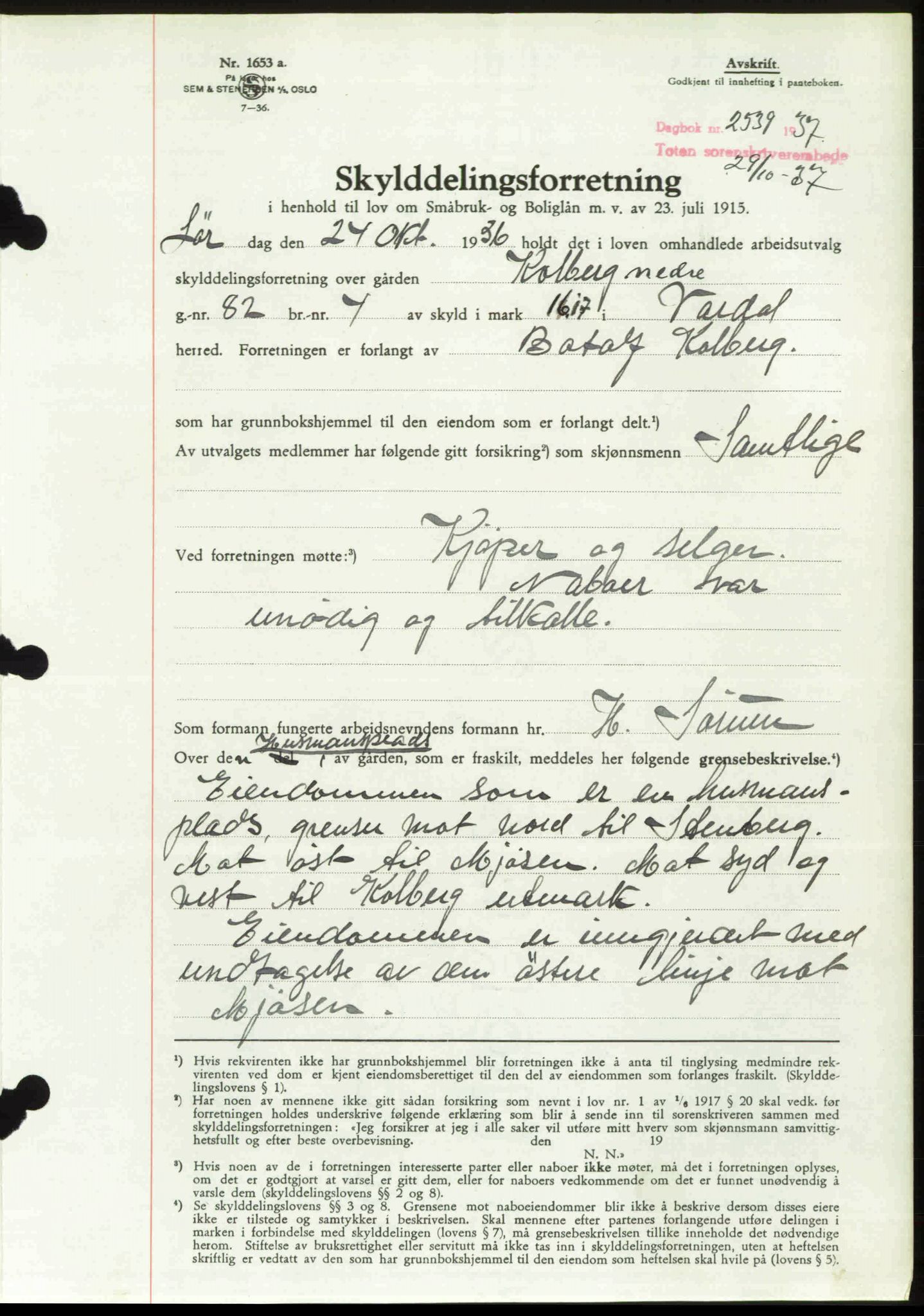 Toten tingrett, SAH/TING-006/H/Hb/Hbc/L0003: Mortgage book no. Hbc-03, 1937-1938, Diary no: : 2539/1937