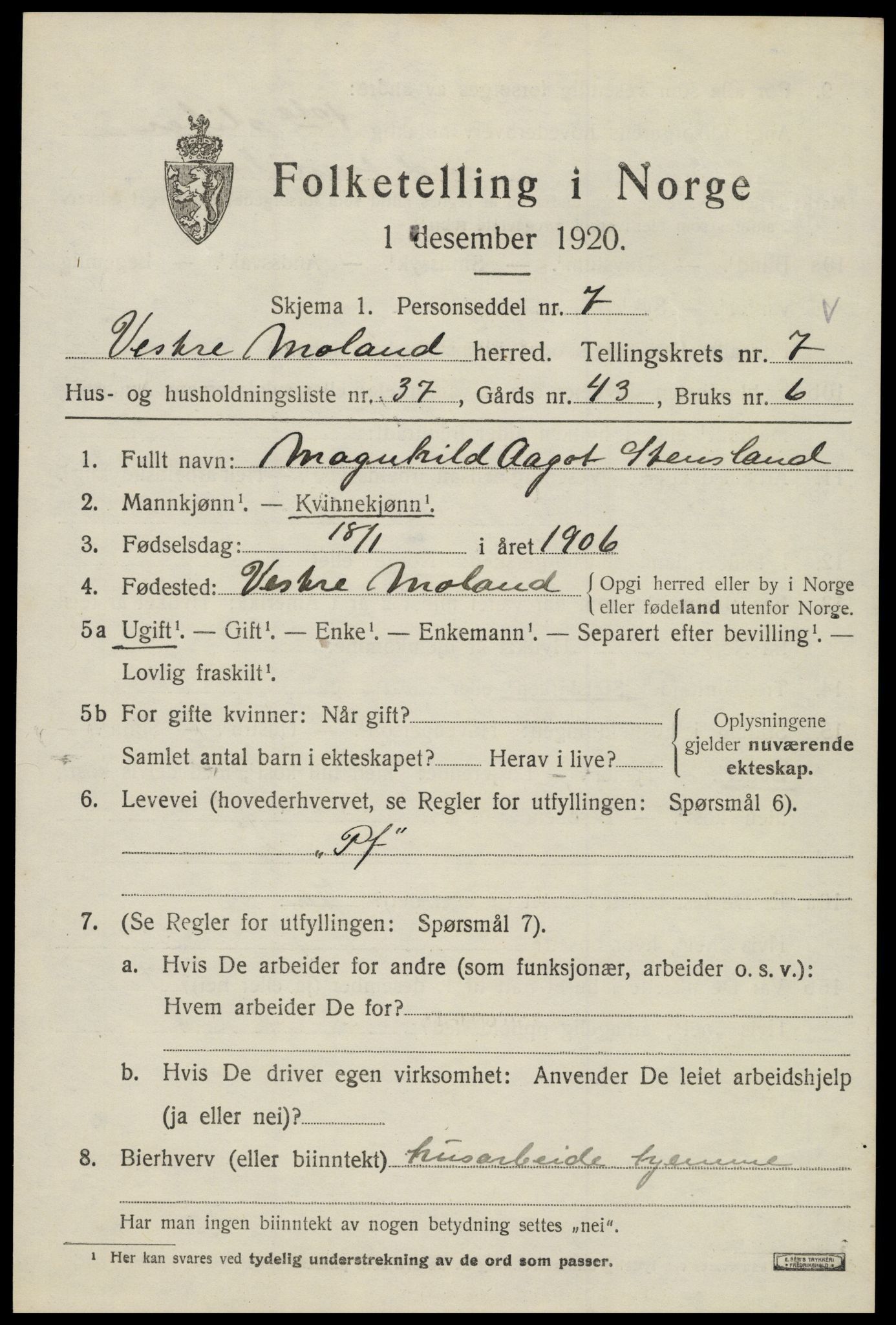SAK, 1920 census for Vestre Moland, 1920, p. 5181