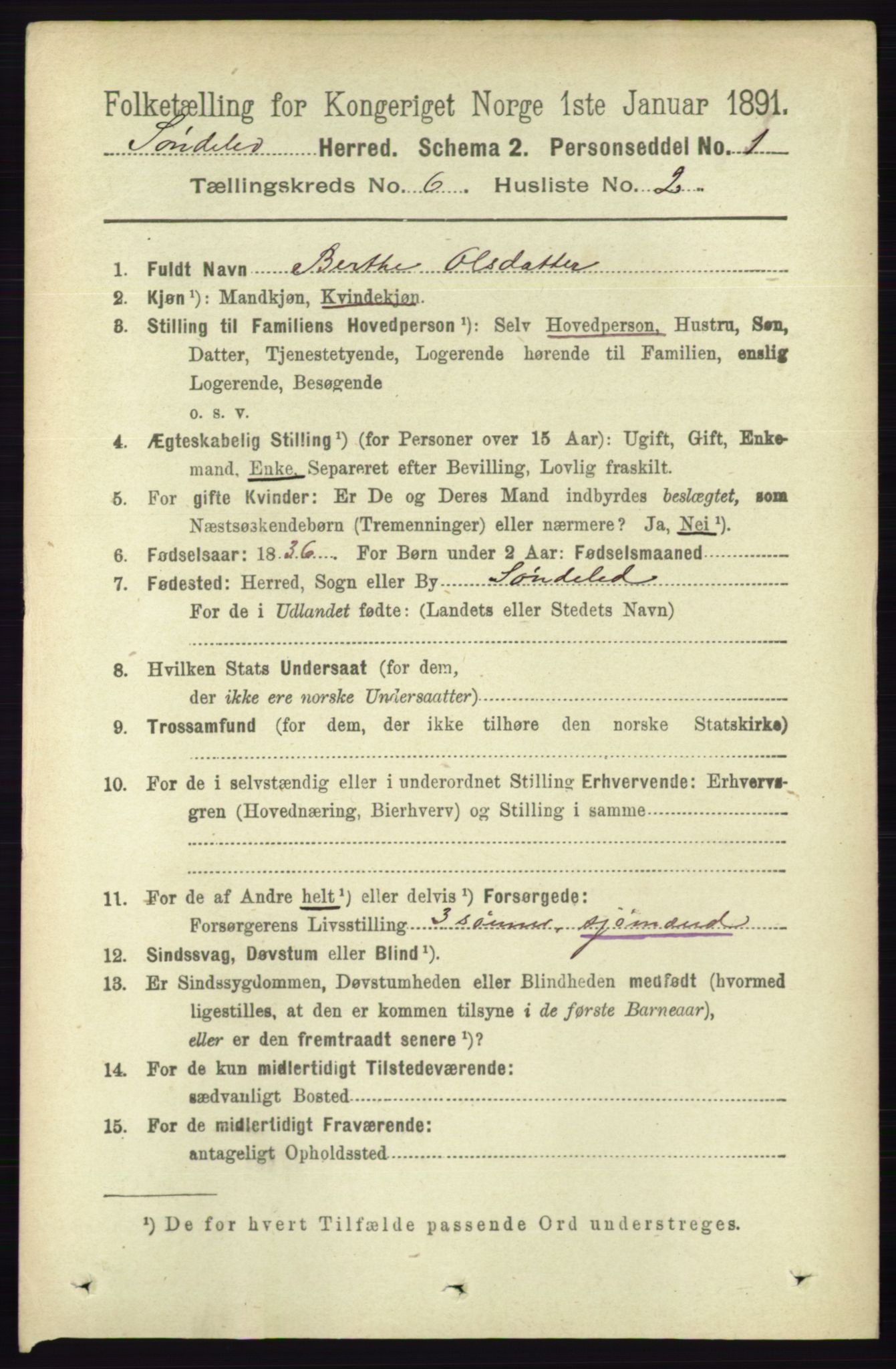 RA, 1891 census for 0913 Søndeled, 1891, p. 1818