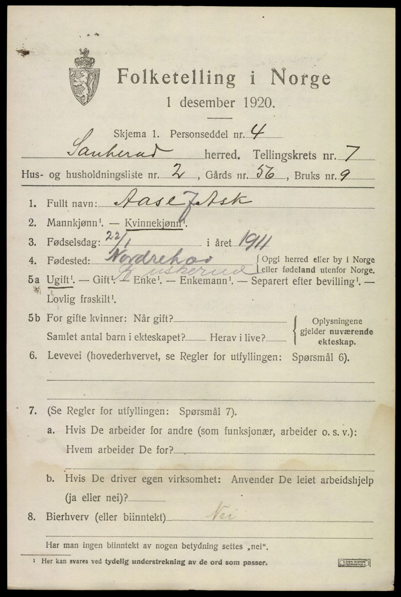 SAKO, 1920 census for Sauherad, 1920, p. 5617