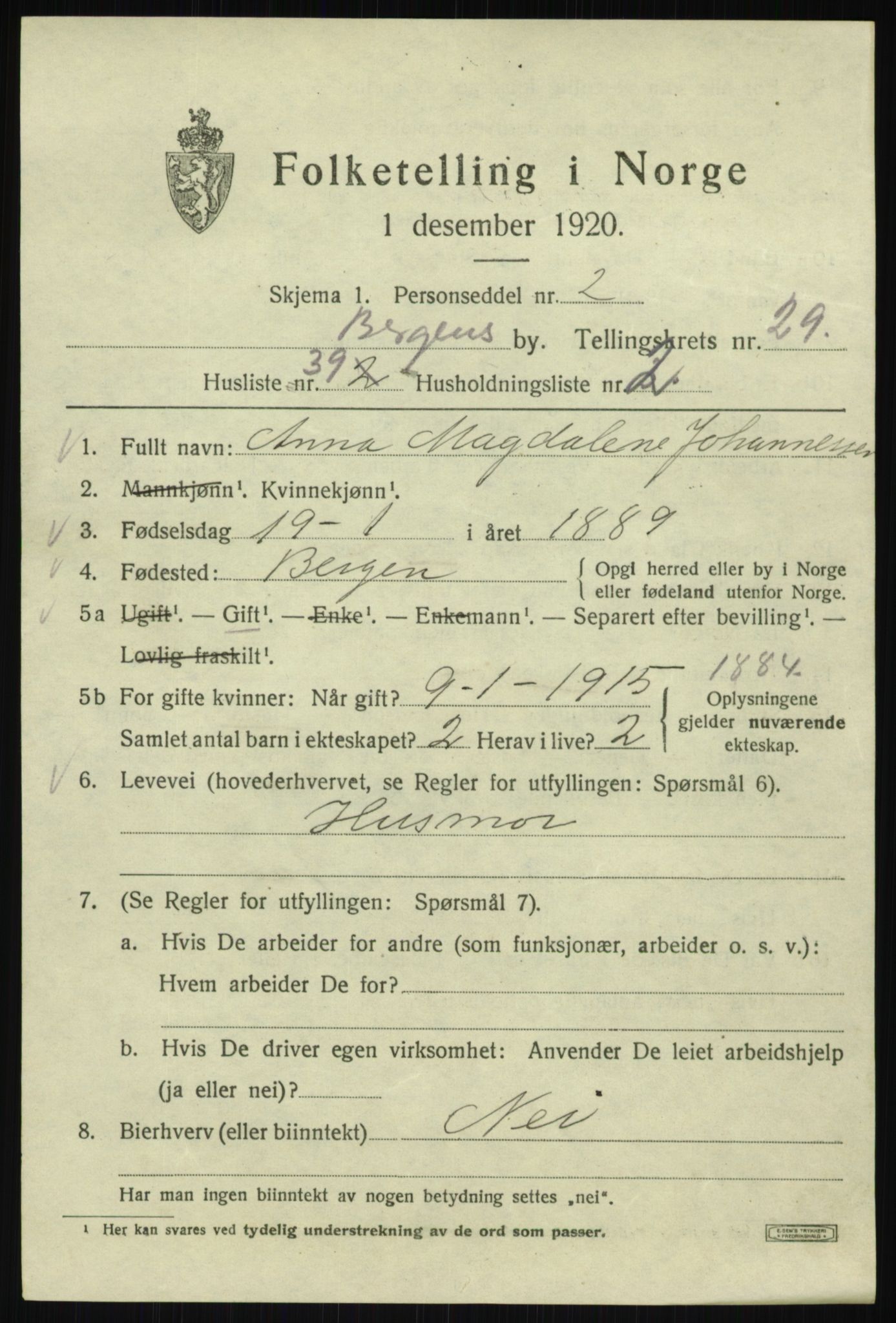 SAB, 1920 census for Bergen, 1920, p. 94713
