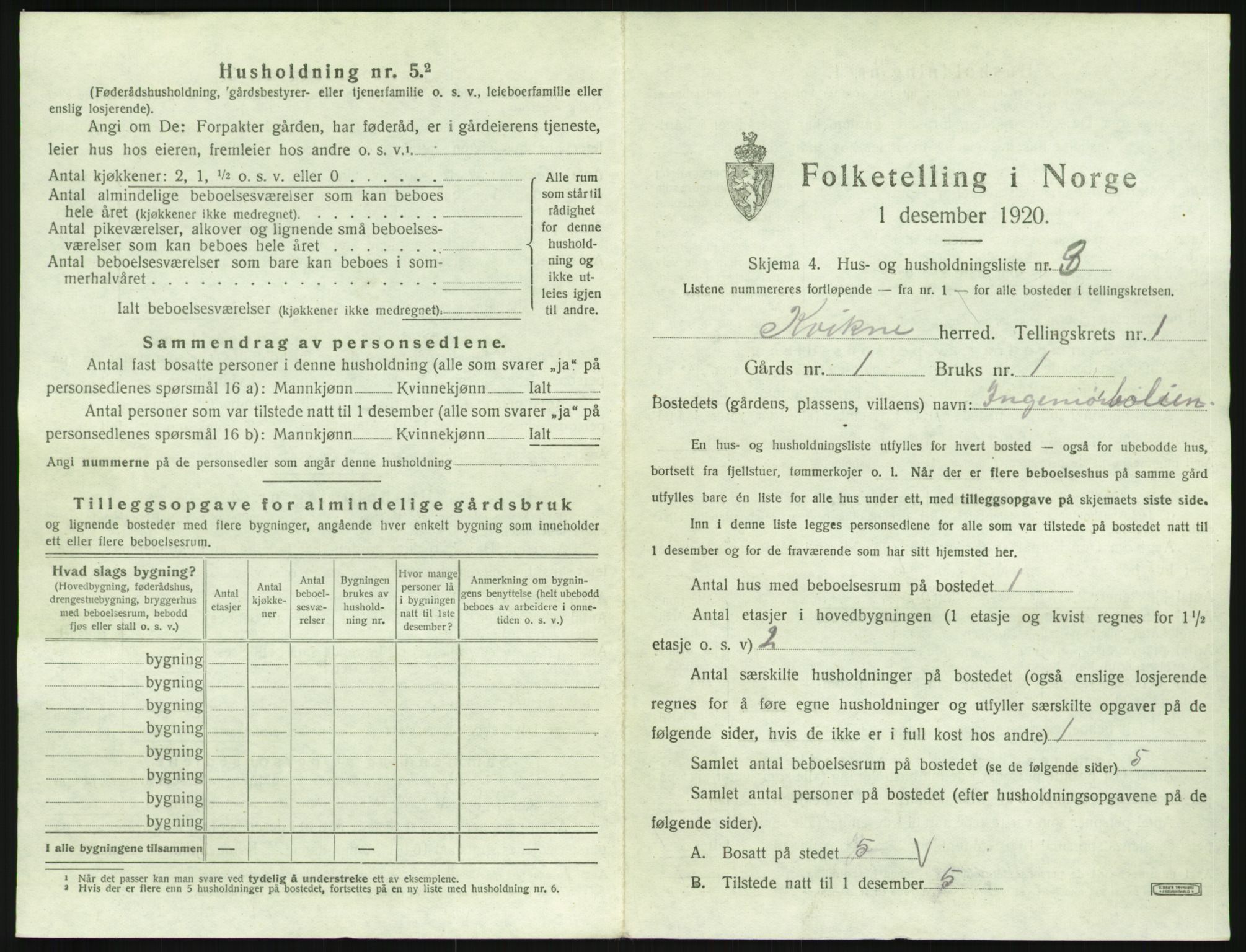 SAH, 1920 census for Kvikne, 1920, p. 38