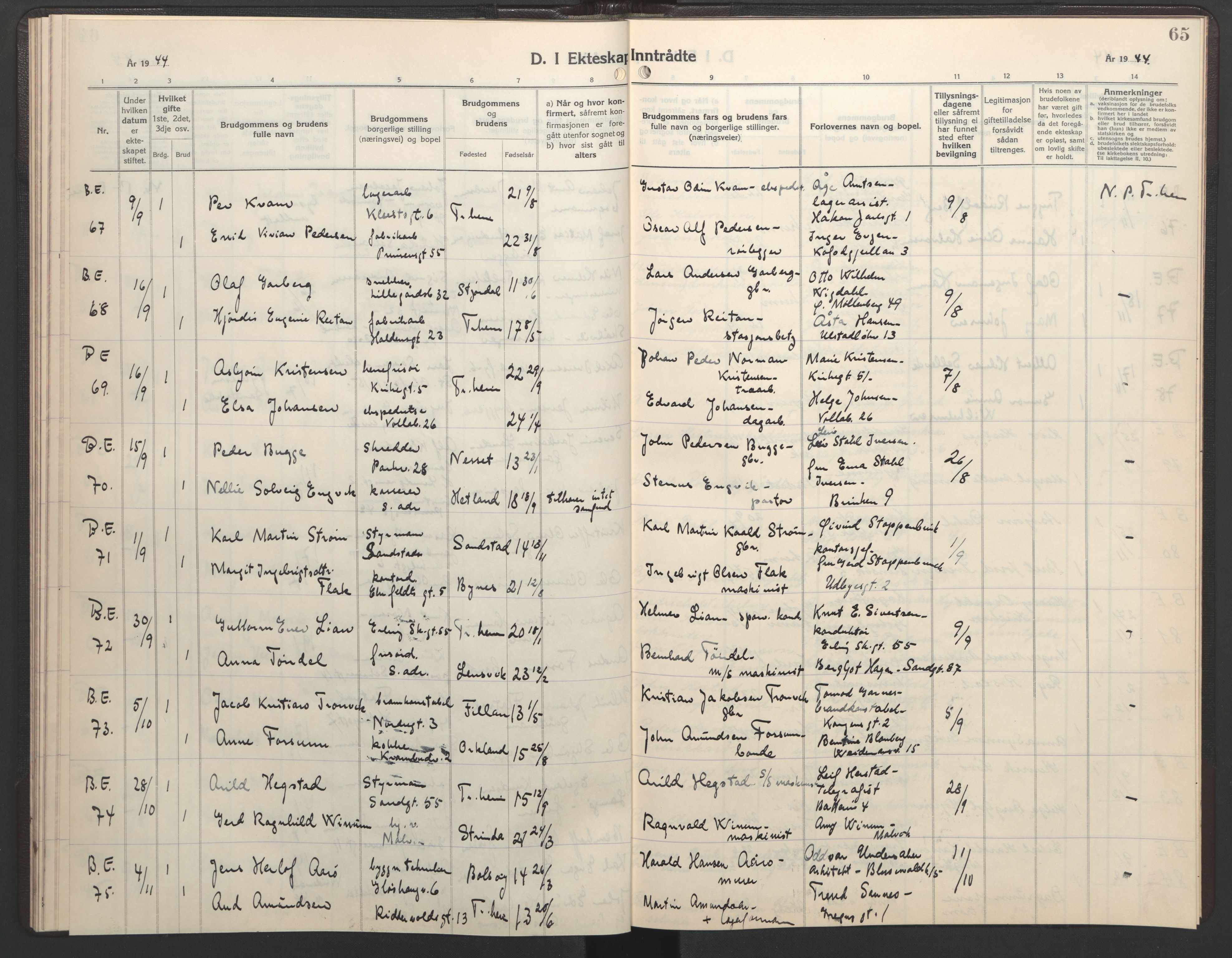 Ministerialprotokoller, klokkerbøker og fødselsregistre - Sør-Trøndelag, AV/SAT-A-1456/602/L0154: Parish register (copy) no. 602C22, 1940-1947, p. 65