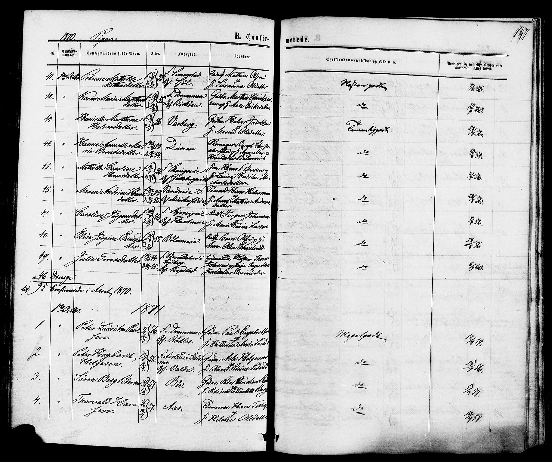 Sande Kirkebøker, SAKO/A-53/F/Fa/L0005: Parish register (official) no. 5, 1865-1877, p. 147