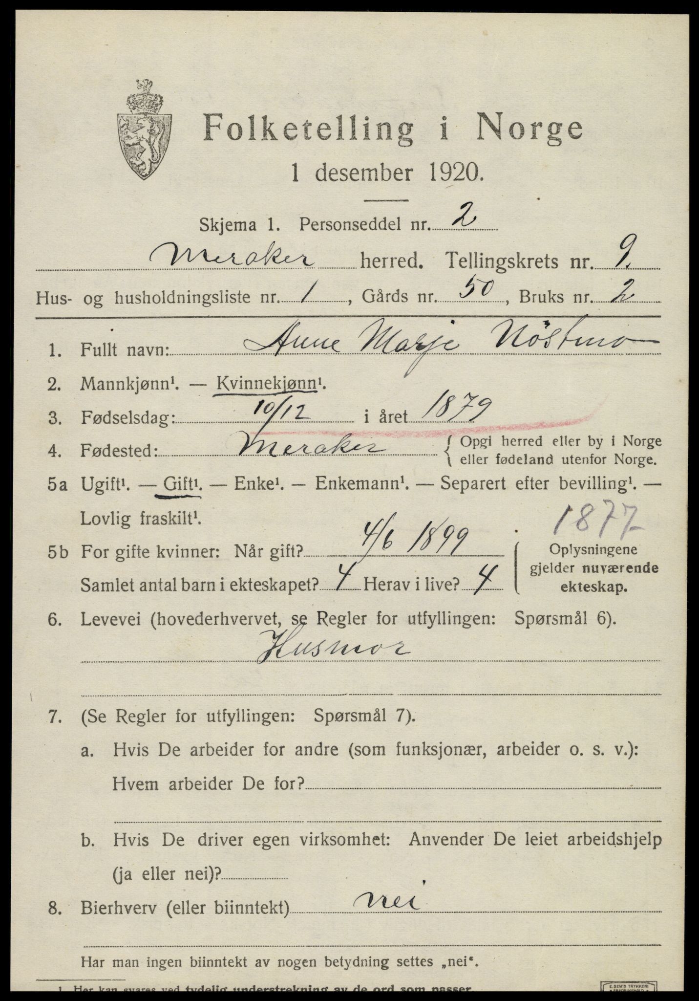 SAT, 1920 census for Meråker, 1920, p. 6216