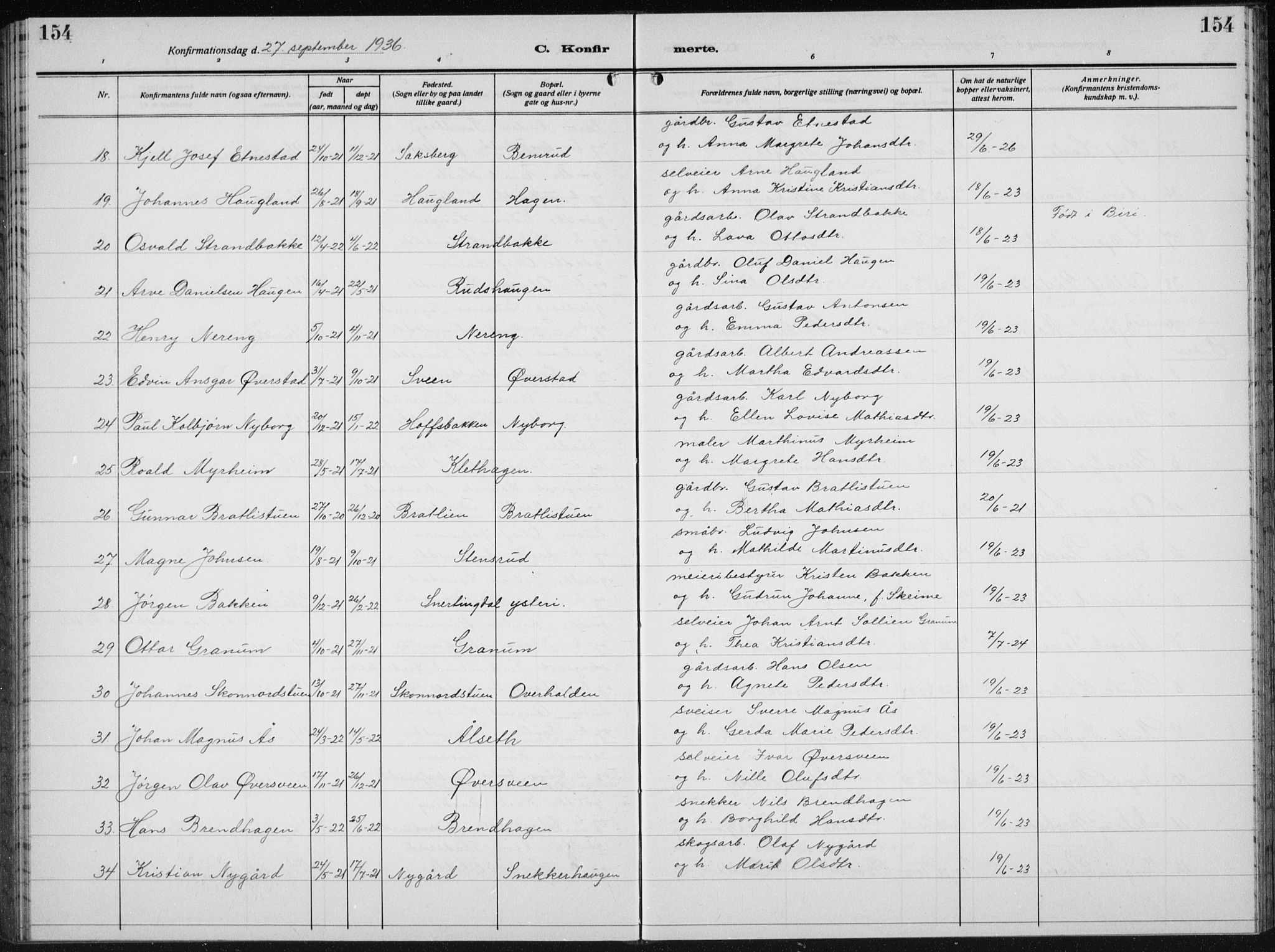 Biri prestekontor, SAH/PREST-096/H/Ha/Hab/L0007: Parish register (copy) no. 7, 1919-1941, p. 154