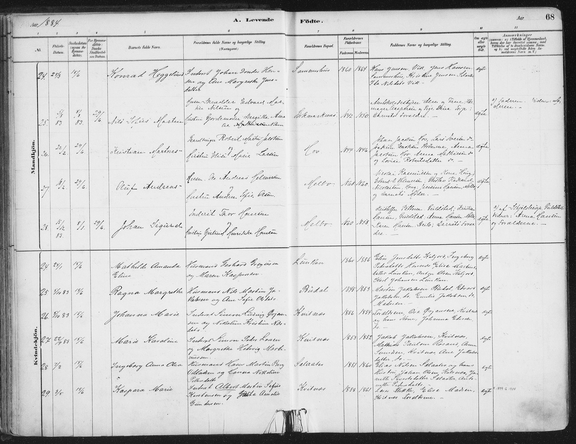 Ministerialprotokoller, klokkerbøker og fødselsregistre - Nordland, AV/SAT-A-1459/888/L1244: Parish register (official) no. 888A10, 1880-1890, p. 68