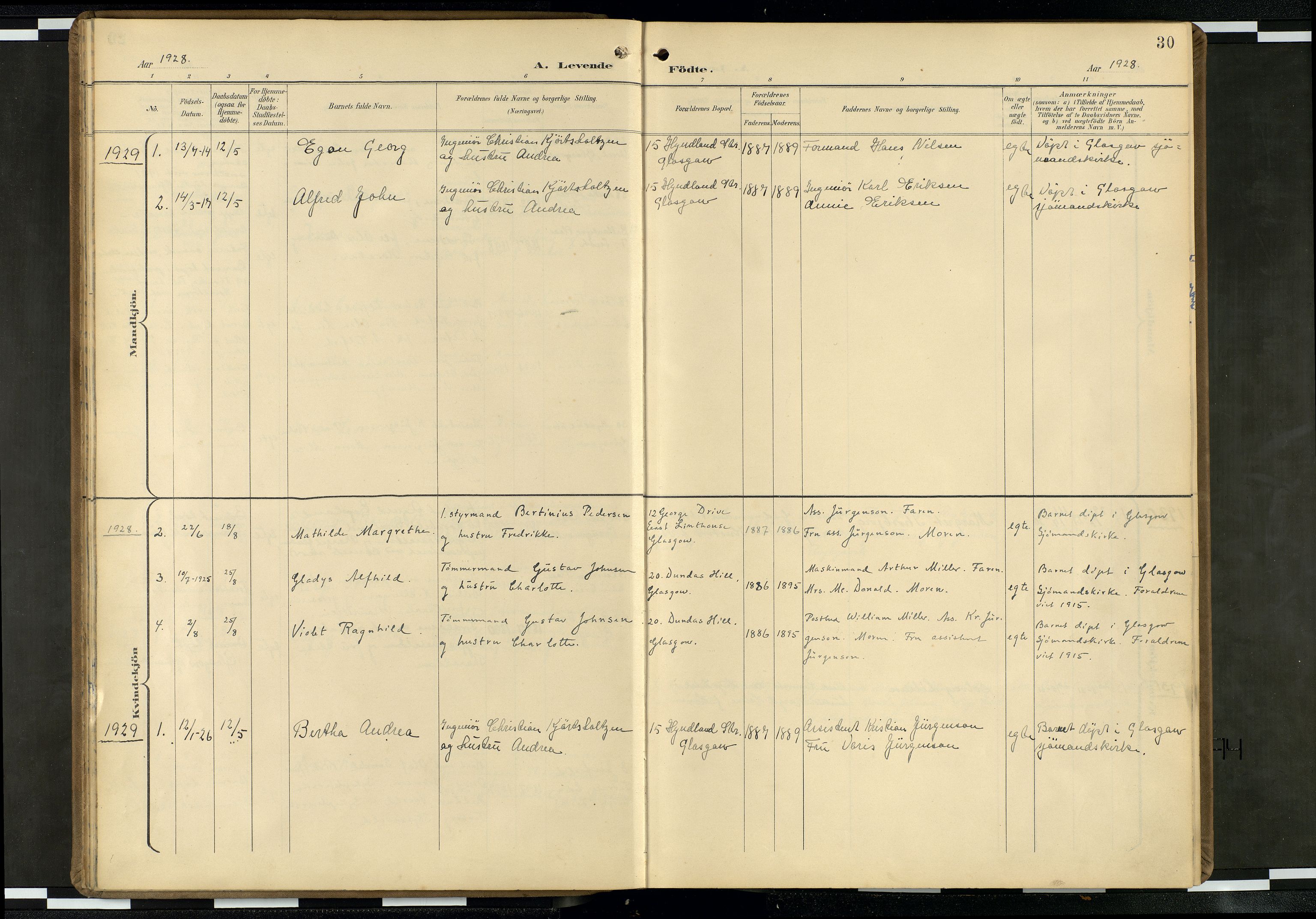Den norske sjømannsmisjon i utlandet/Skotske havner (Leith, Glasgow), SAB/SAB/PA-0100/H/Ha/Haa/L0004: Parish register (official) no. A 4, 1899-1949, p. 29b-30a