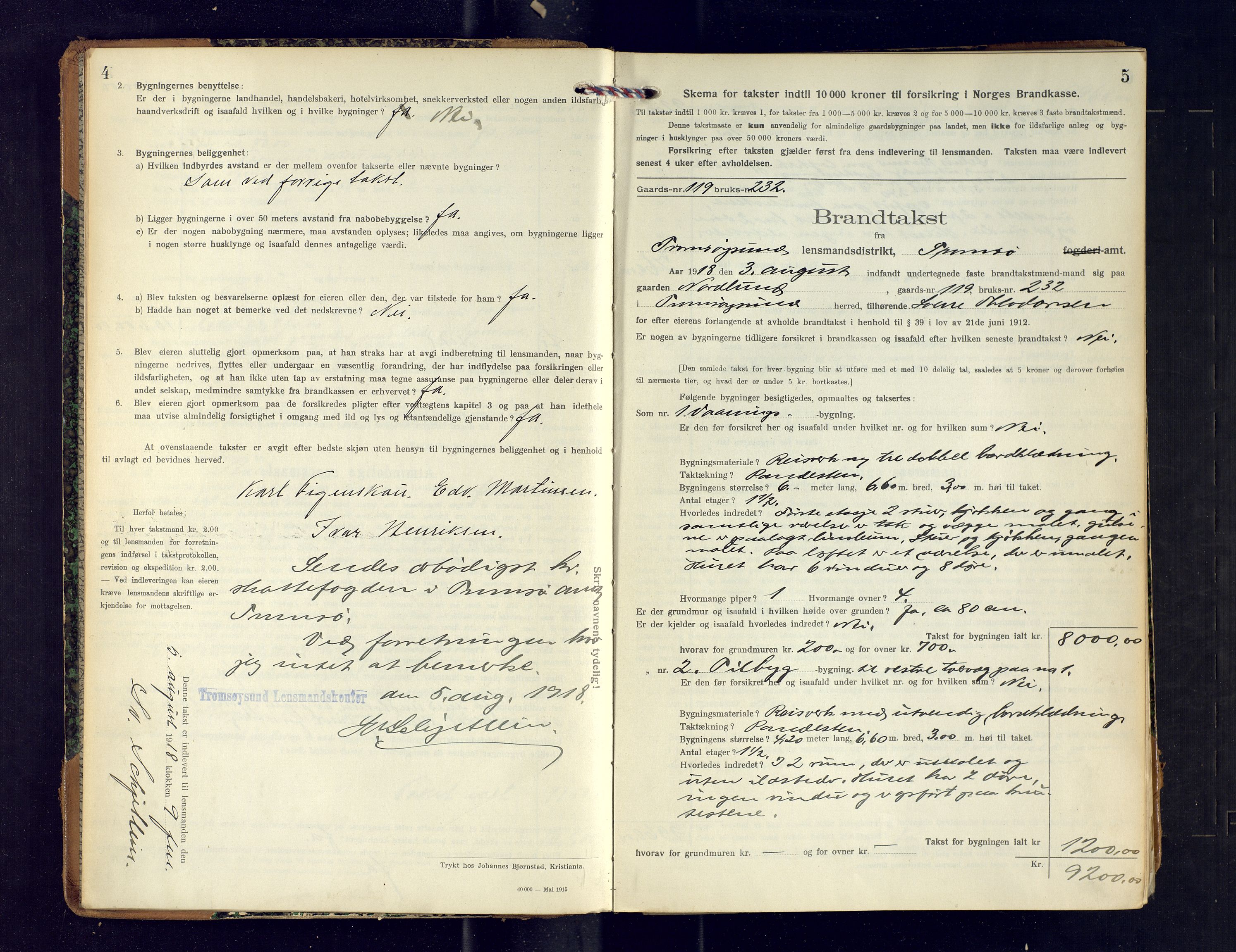 Tromsøysund lensmannskontor, SATØ/SATØ-12/F/Fs/Fsb/L0744: Branntakstprotokoll (S). Med register, 1918-1921, p. 4-5