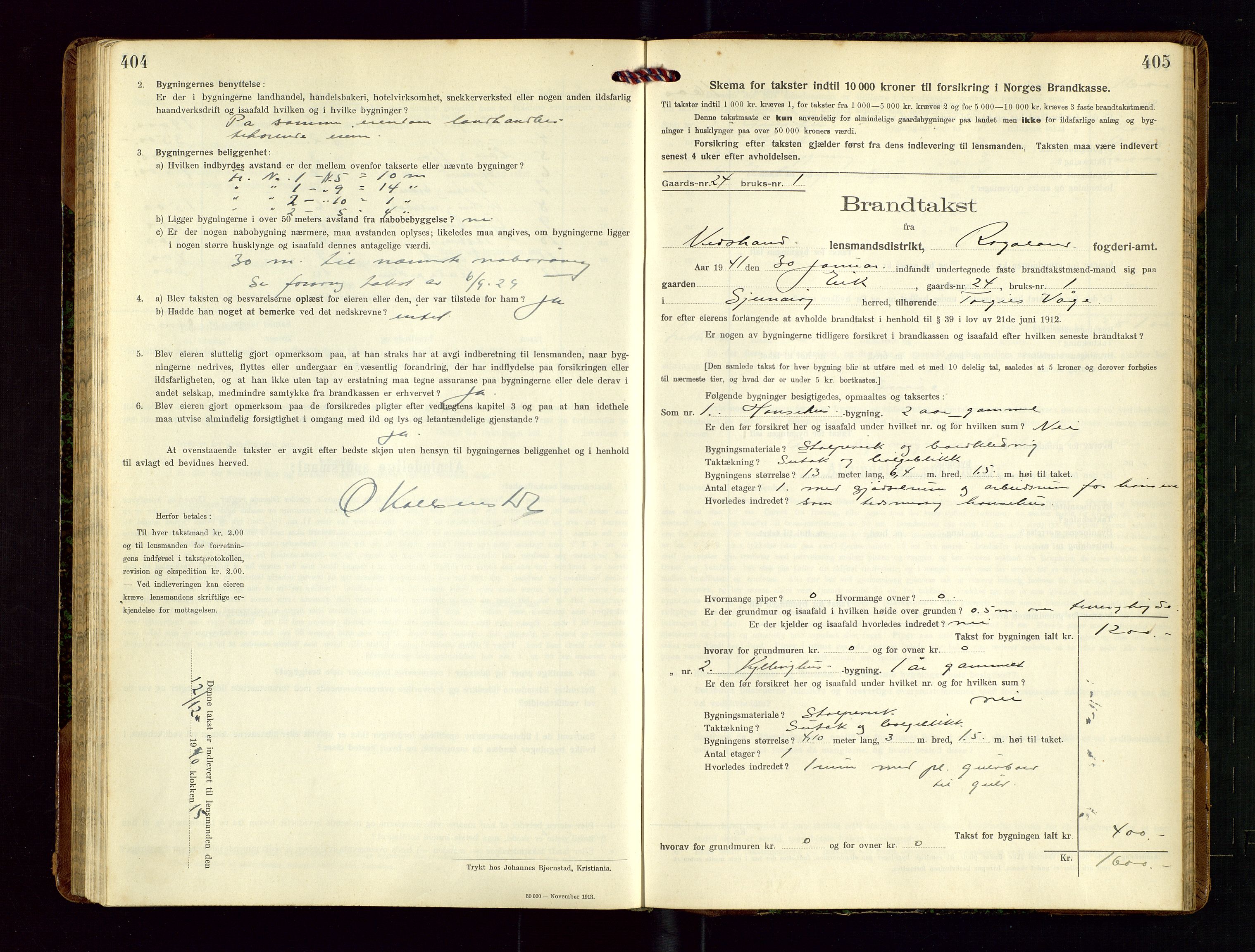 Nedstrand lensmannskontor, SAST/A-100236/Gob/L0002: "Brandtakstprotokol for Nerstrand lensmandsdistrikt Rogaland Fylke", 1916-1949, p. 404-405