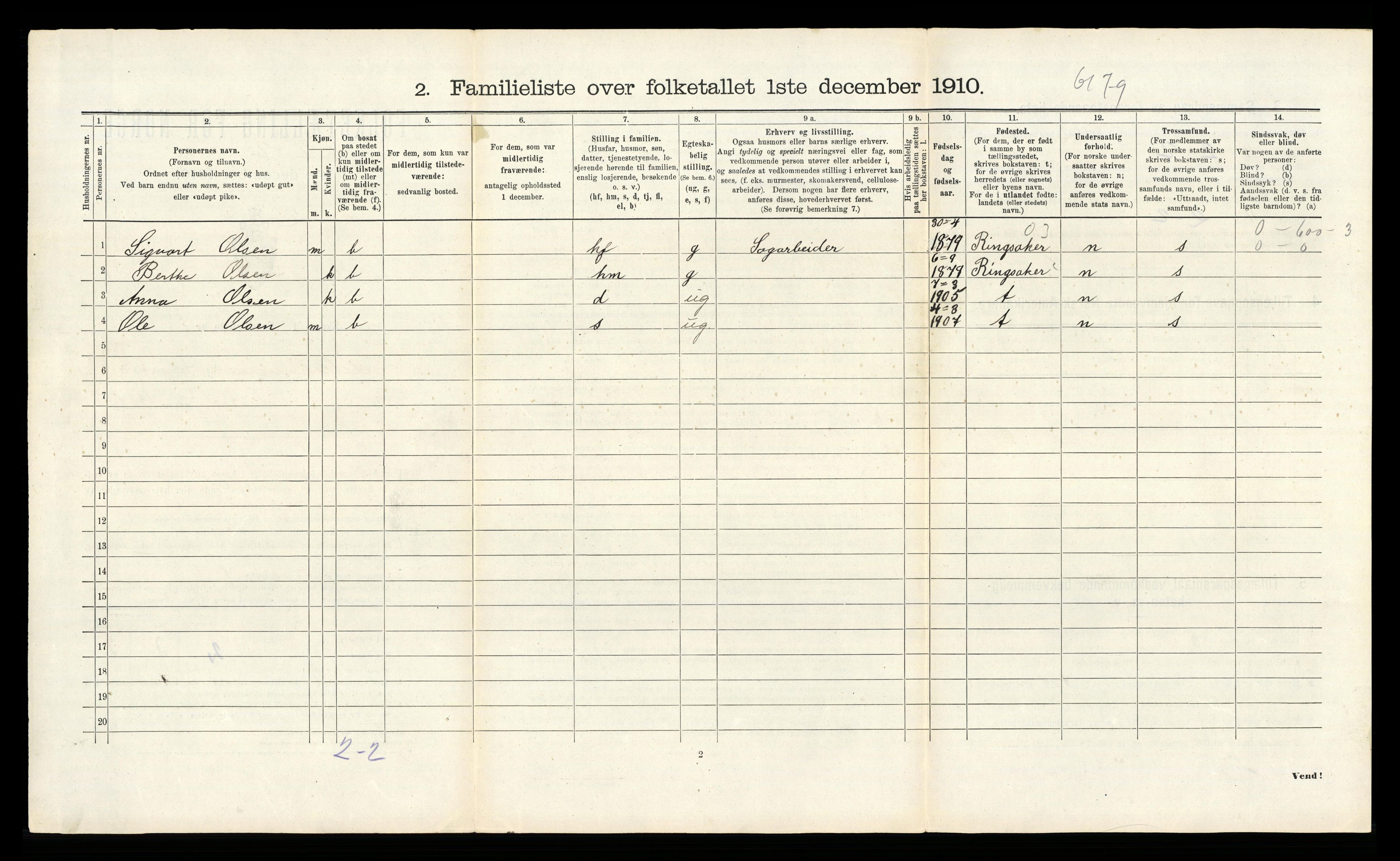 RA, 1910 census for Lillehammer, 1910, p. 2226