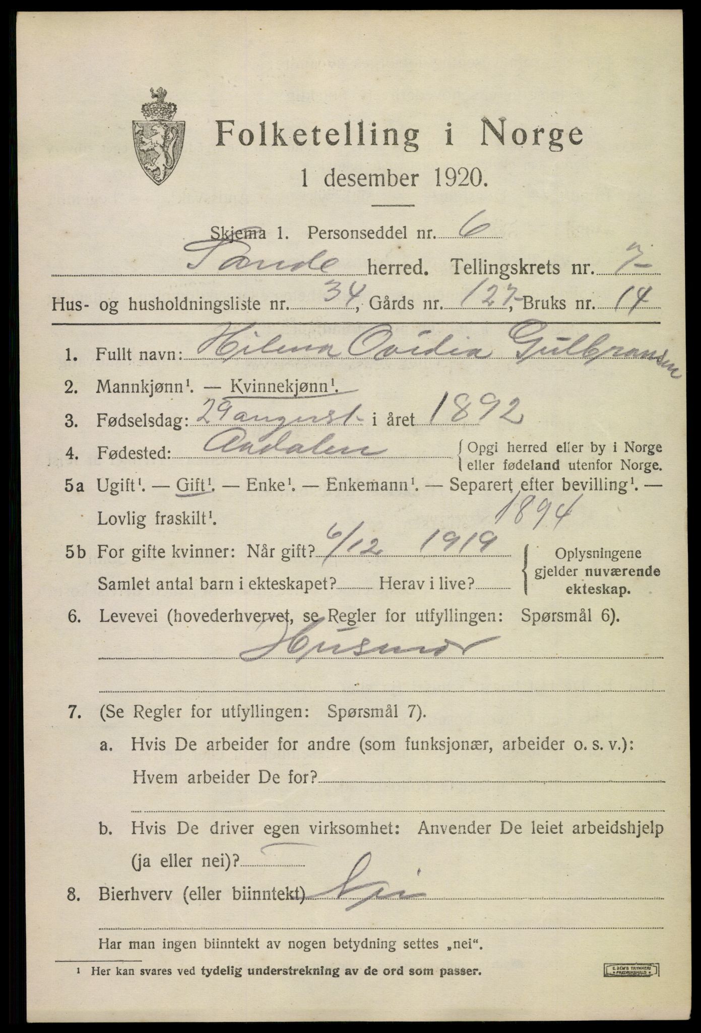 SAKO, 1920 census for Sande, 1920, p. 8396