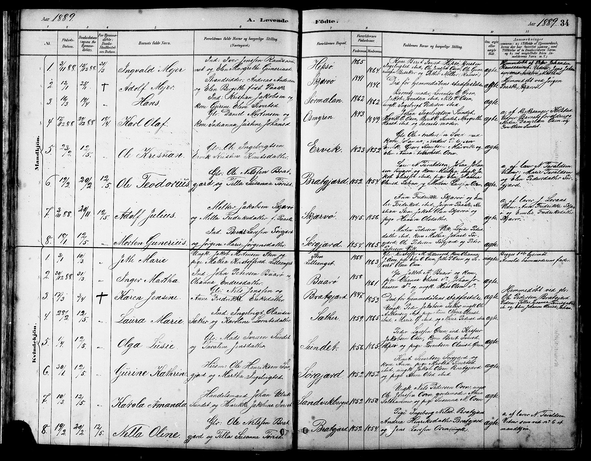 Ministerialprotokoller, klokkerbøker og fødselsregistre - Sør-Trøndelag, SAT/A-1456/658/L0726: Parish register (copy) no. 658C02, 1883-1908, p. 34