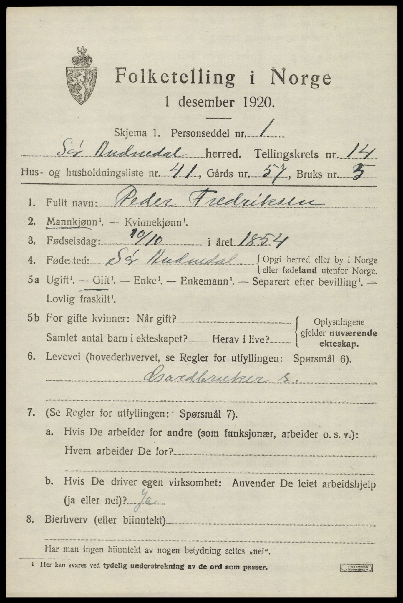SAK, 1920 census for Sør-Audnedal, 1920, p. 5567