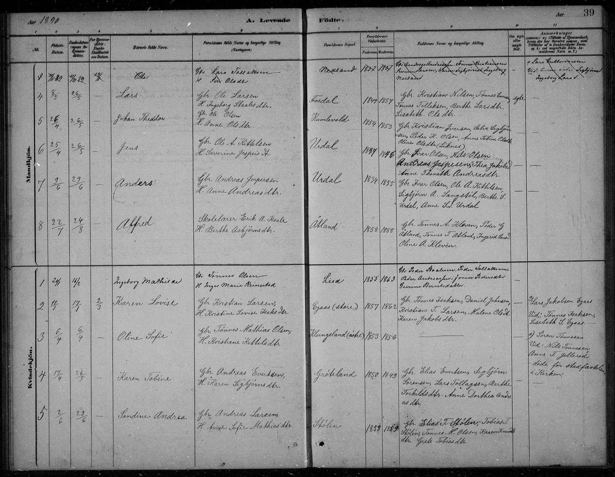 Bakke sokneprestkontor, AV/SAK-1111-0002/F/Fb/Fbb/L0003: Parish register (copy) no. B 3, 1878-1896, p. 39