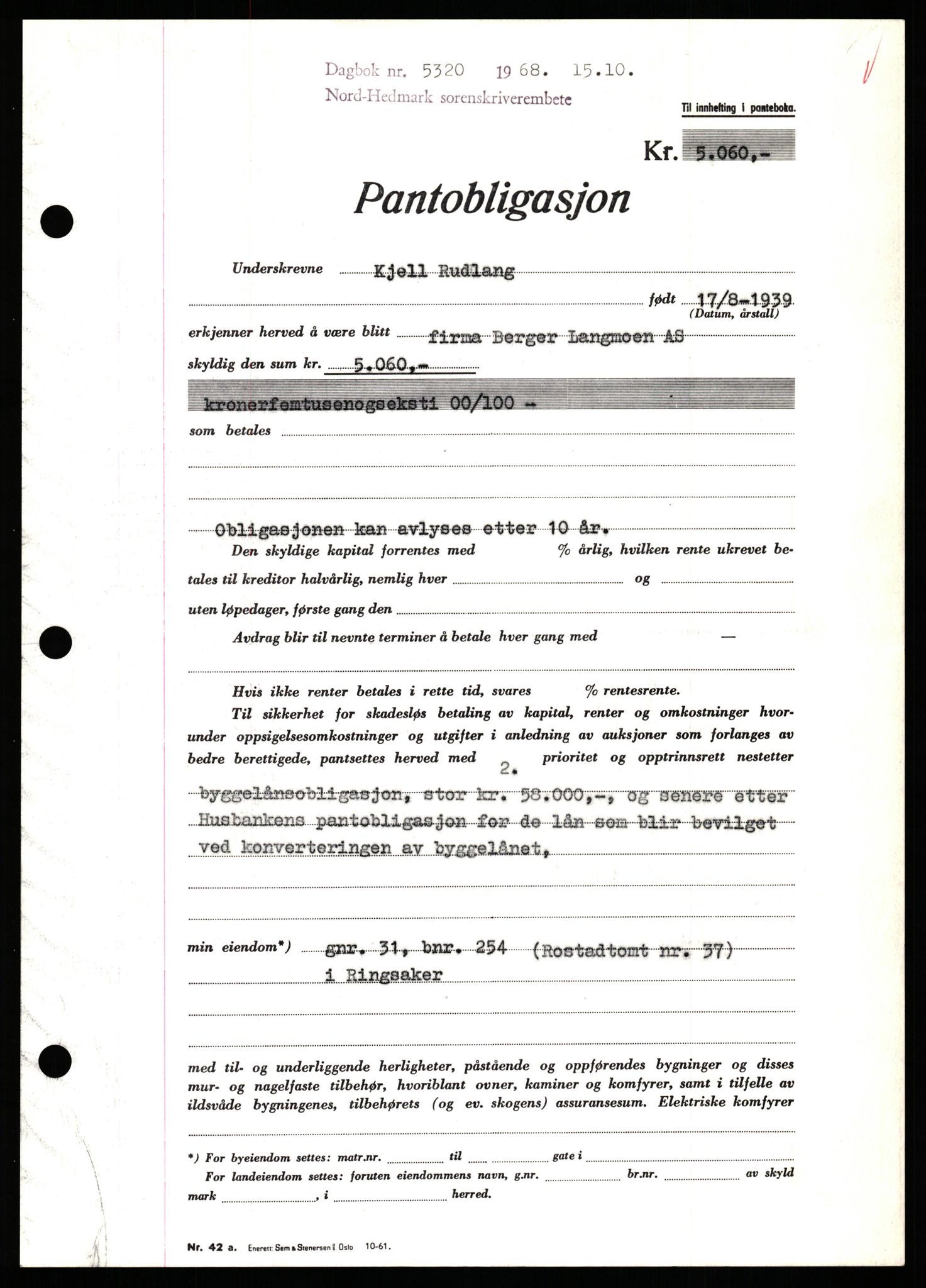 Nord-Hedmark sorenskriveri, SAH/TING-012/H/Hb/Hbf/L0077: Mortgage book no. B77, 1968-1969, Diary no: : 5320/1968