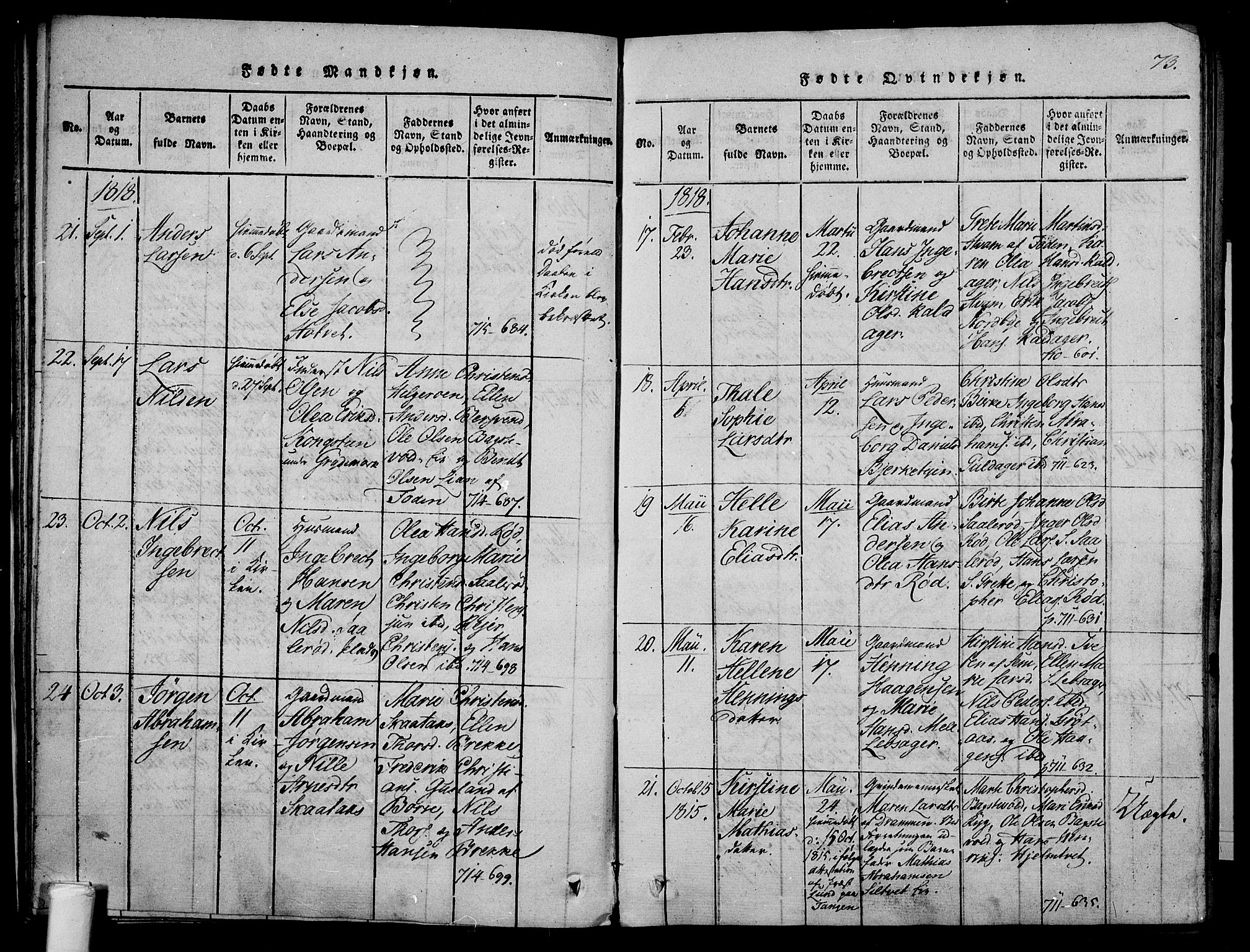 Våle kirkebøker, AV/SAKO-A-334/F/Fa/L0007: Parish register (official) no. I 7, 1814-1824, p. 72-73