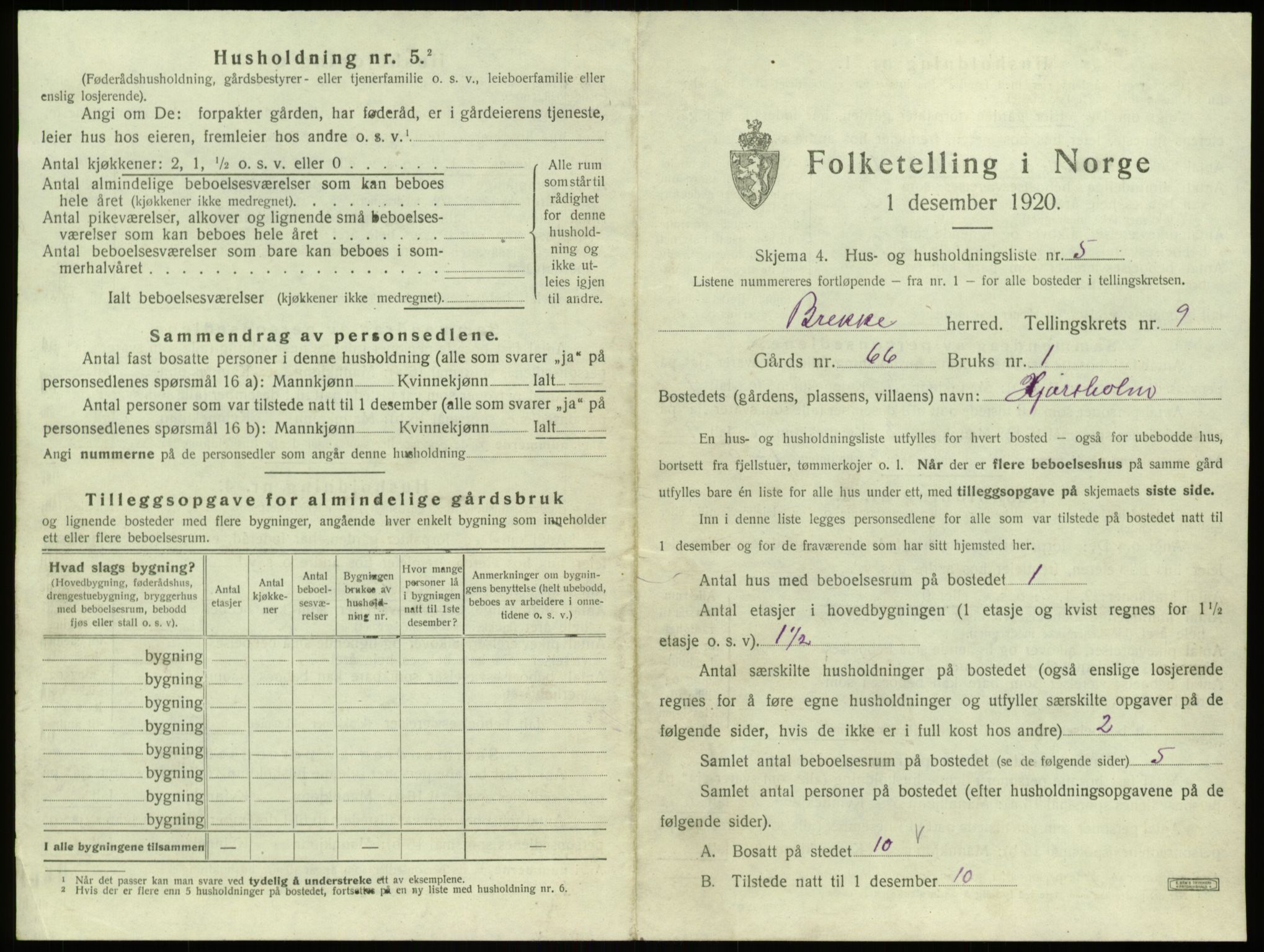 SAB, 1920 census for Brekke, 1920, p. 285