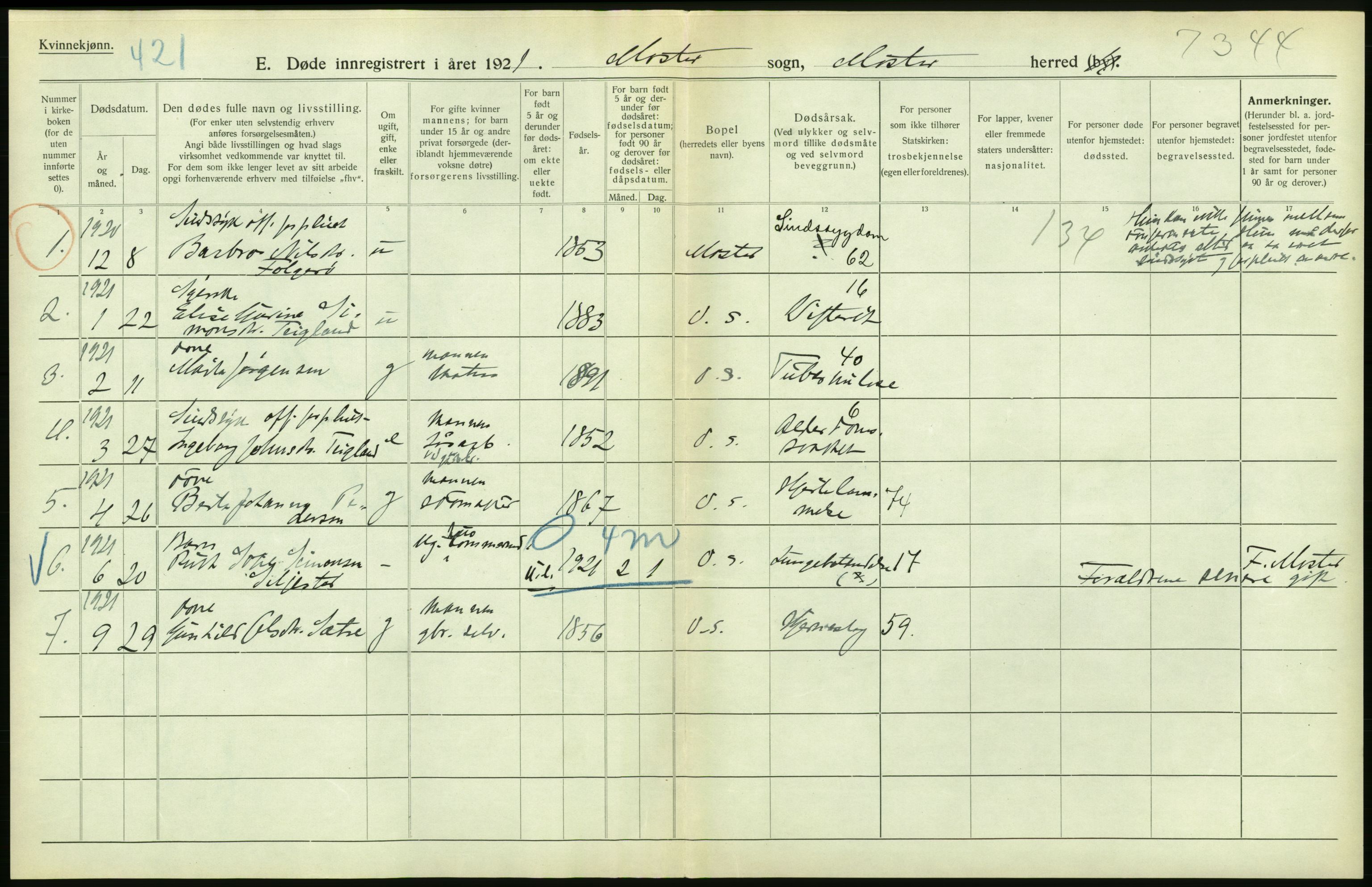Statistisk sentralbyrå, Sosiodemografiske emner, Befolkning, AV/RA-S-2228/D/Df/Dfc/Dfca/L0033: Hordaland fylke: Døde. Bygder., 1921, p. 46