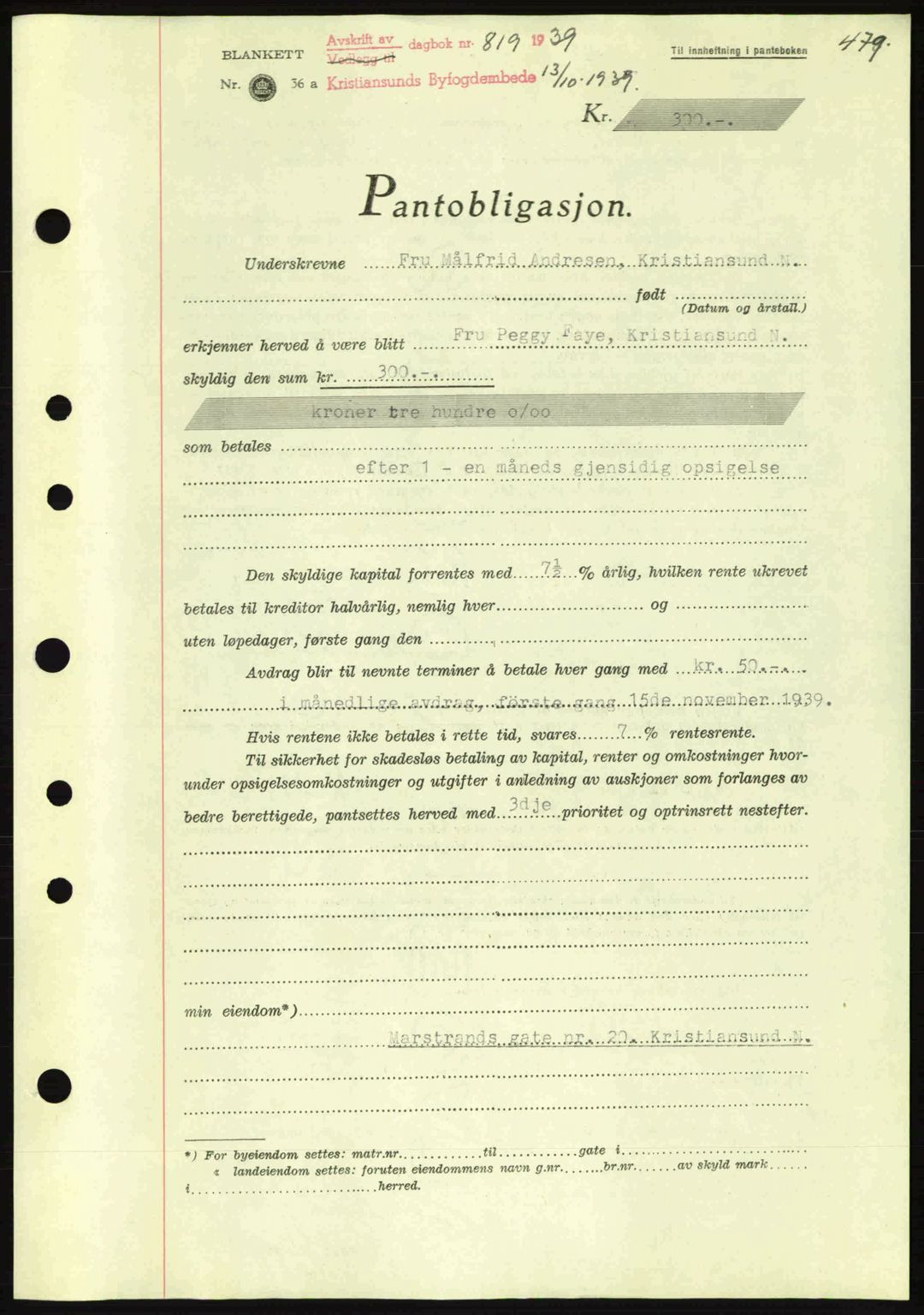 Kristiansund byfogd, SAT/A-4587/A/27: Mortgage book no. 31, 1938-1939, Diary no: : 819/1939