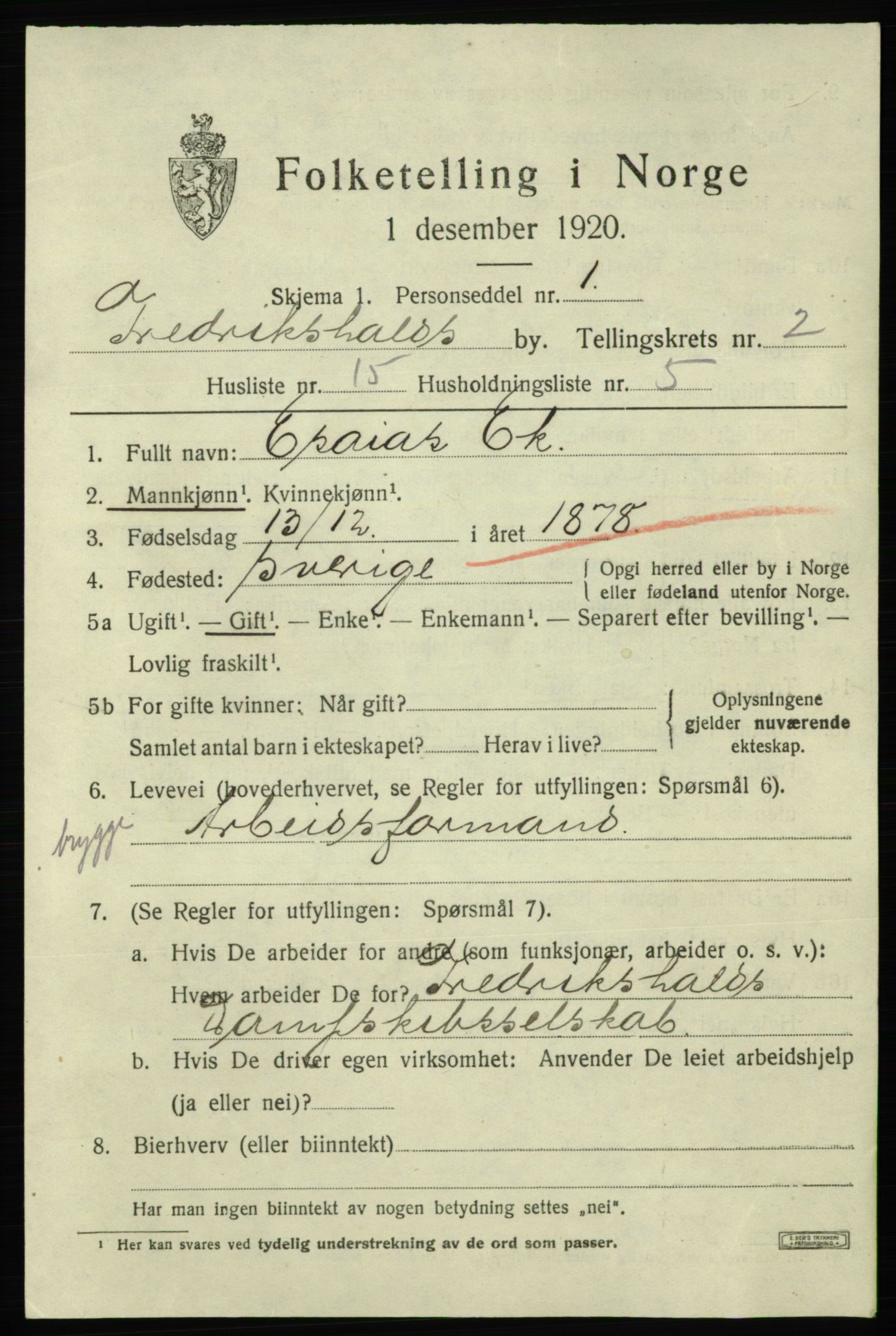 SAO, 1920 census for Fredrikshald, 1920, p. 9622