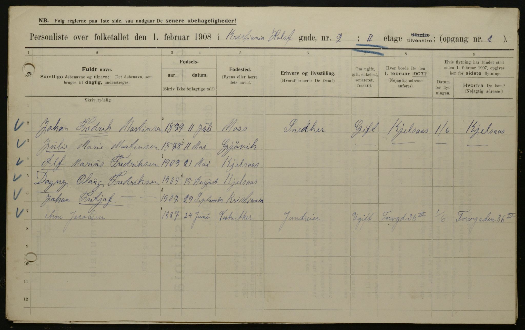 OBA, Municipal Census 1908 for Kristiania, 1908, p. 36837