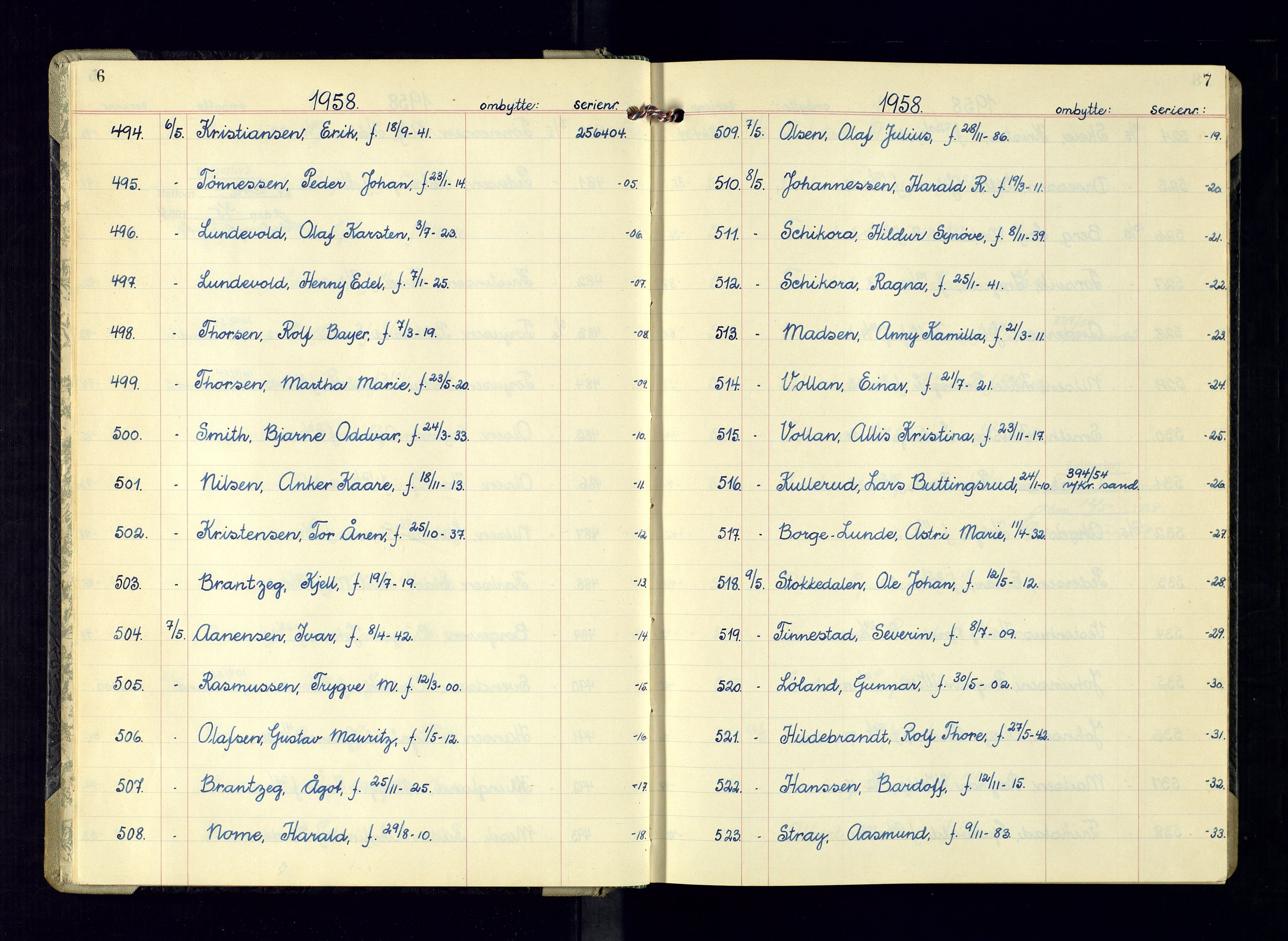 Kristiansand politikammer - 2, SAK/1243-0009/K/Ka/Kaa/L0614: Passprotokoll, liste med løpenumre, 1958-1962, p. 6-7