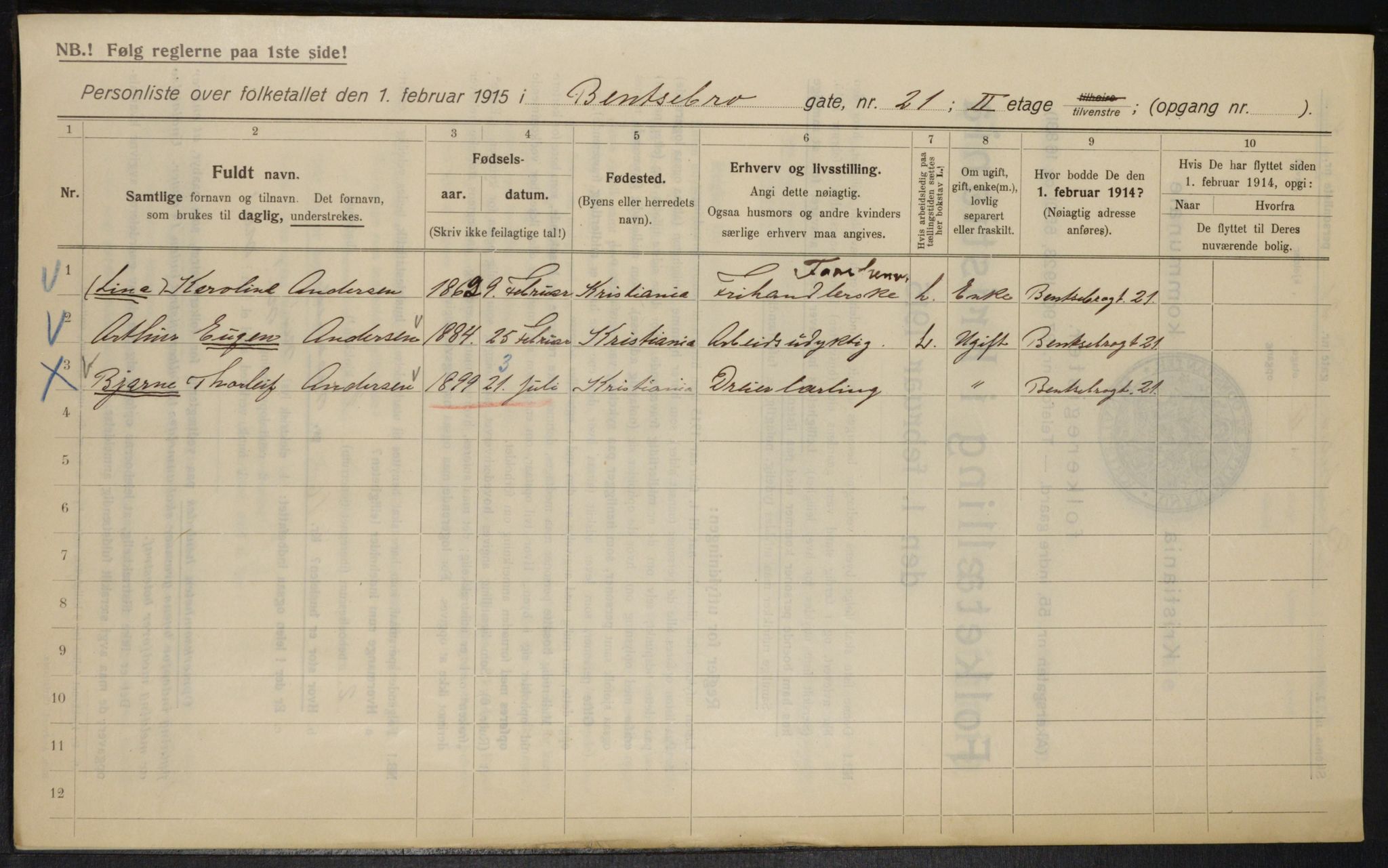 OBA, Municipal Census 1915 for Kristiania, 1915, p. 3540