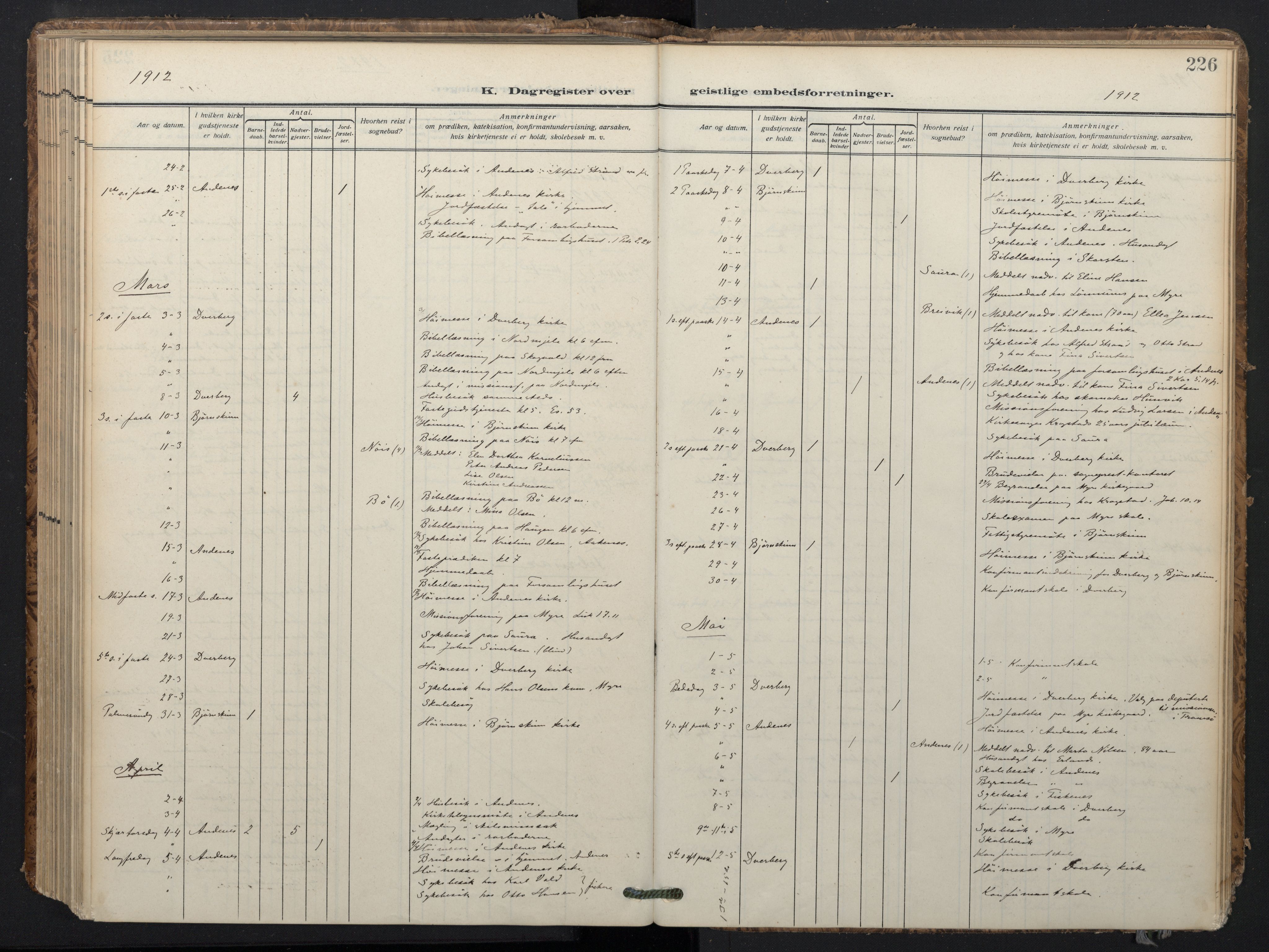 Ministerialprotokoller, klokkerbøker og fødselsregistre - Nordland, AV/SAT-A-1459/897/L1401: Parish register (official) no. 897A08, 1909-1921, p. 226