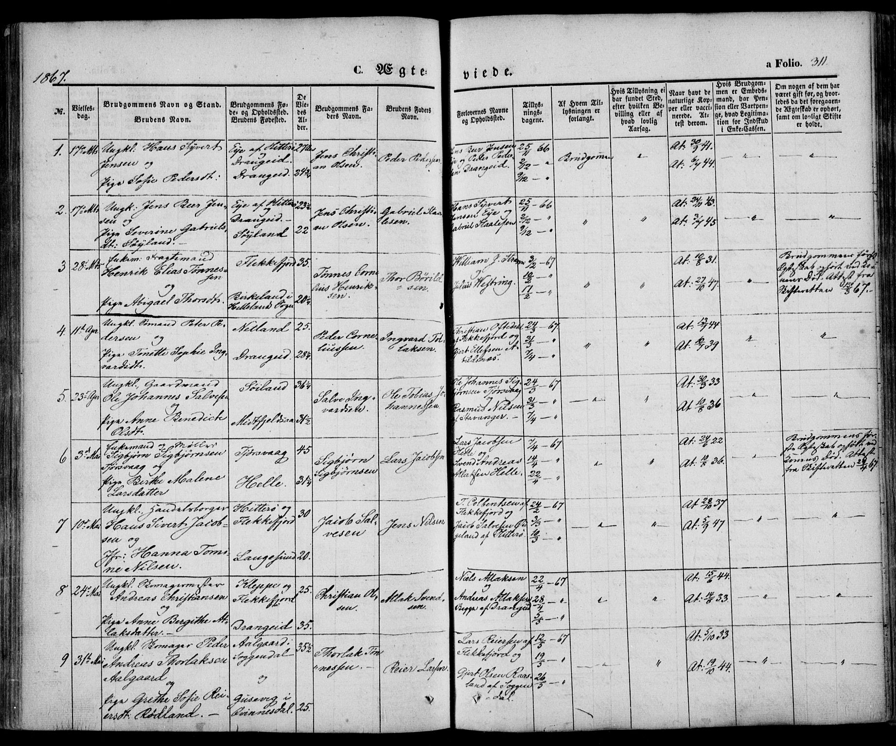 Flekkefjord sokneprestkontor, SAK/1111-0012/F/Fa/Fac/L0005: Parish register (official) no. A 5, 1849-1875, p. 311