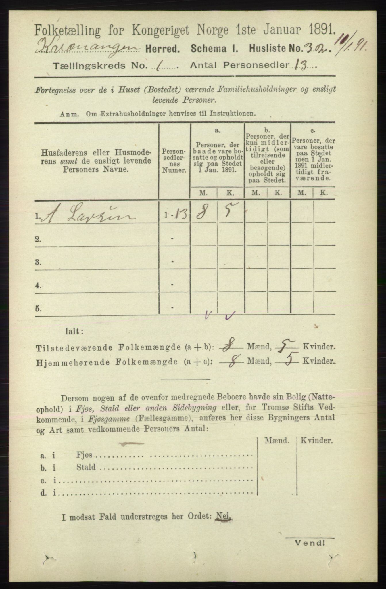 RA, 1891 census for 1943 Kvænangen, 1891, p. 46