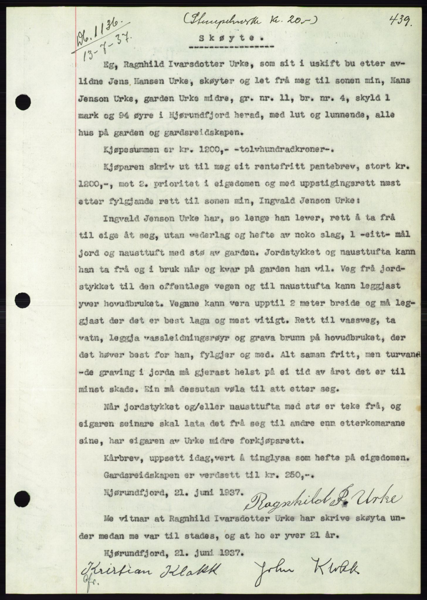 Søre Sunnmøre sorenskriveri, AV/SAT-A-4122/1/2/2C/L0063: Mortgage book no. 57, 1937-1937, Diary no: : 1136/1937