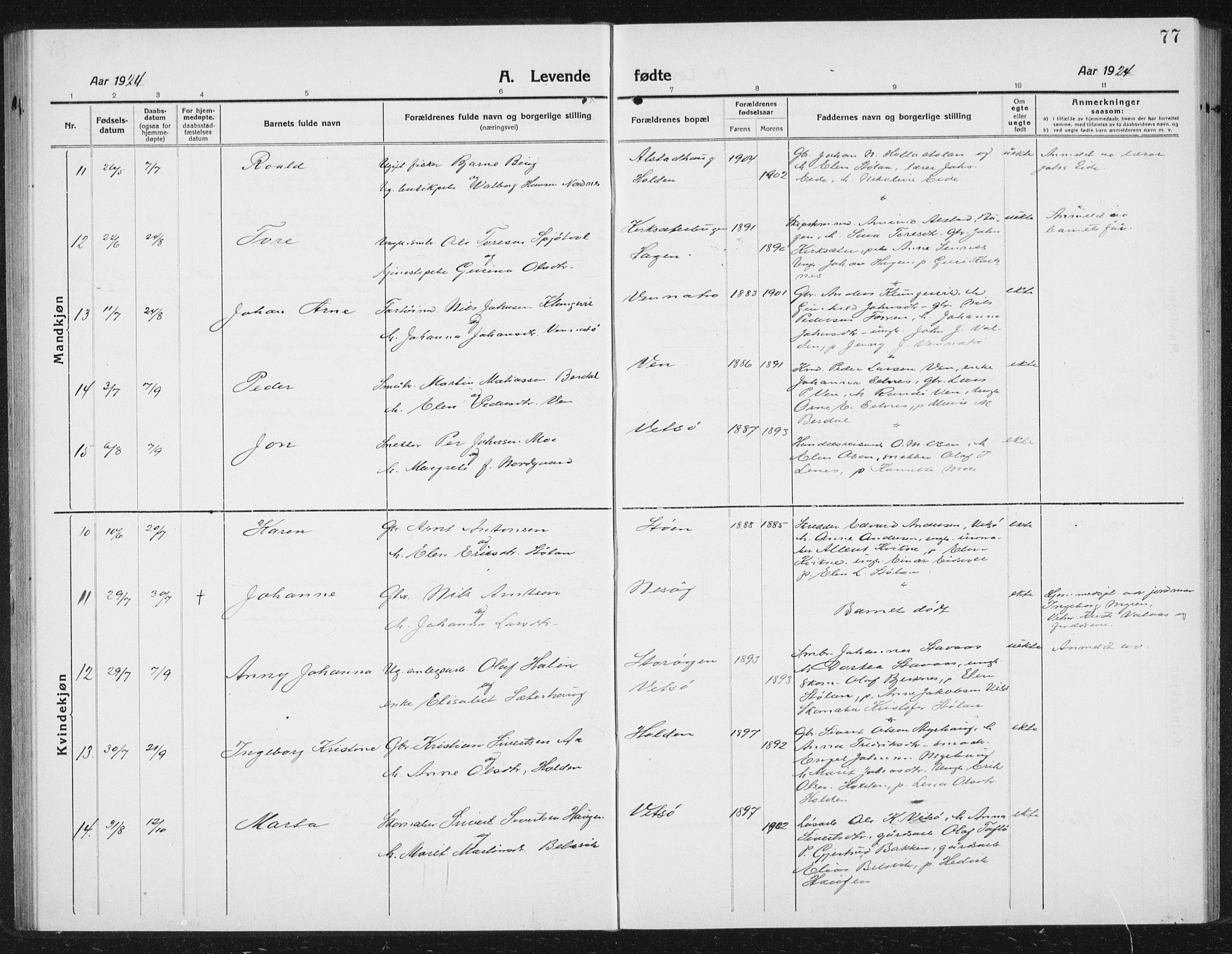 Ministerialprotokoller, klokkerbøker og fødselsregistre - Sør-Trøndelag, AV/SAT-A-1456/630/L0506: Parish register (copy) no. 630C04, 1914-1933, p. 77