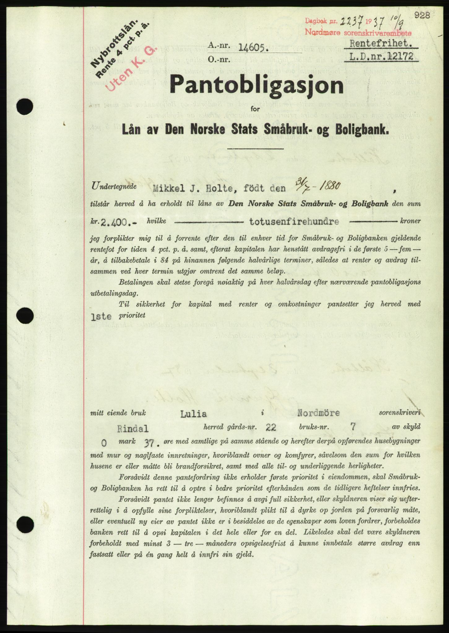 Nordmøre sorenskriveri, AV/SAT-A-4132/1/2/2Ca/L0091: Mortgage book no. B81, 1937-1937, Diary no: : 2237/1937