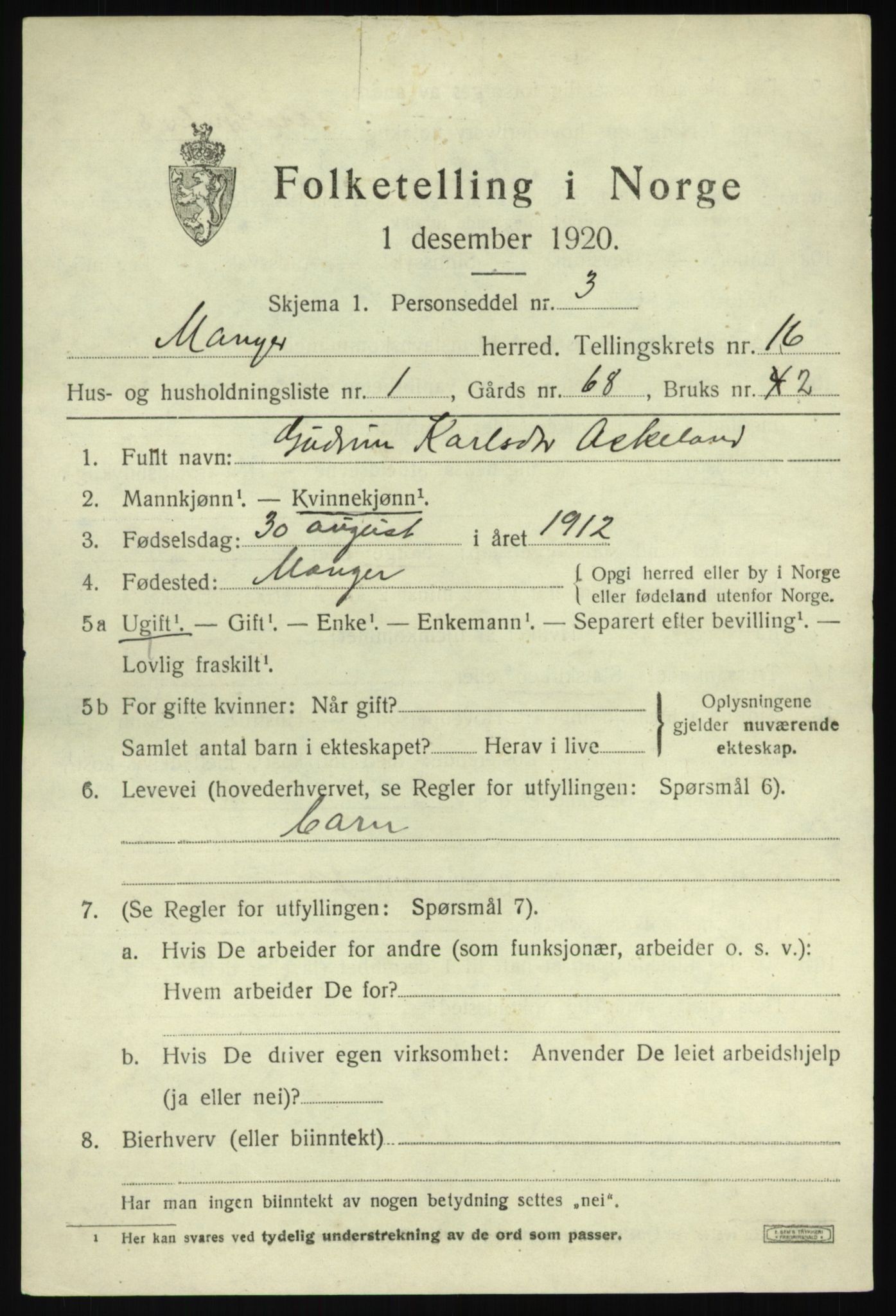 SAB, 1920 census for Manger, 1920, p. 8794