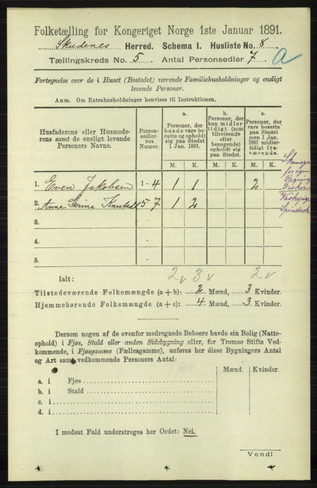 RA, 1891 census for 1150 Skudenes, 1891, p. 2462