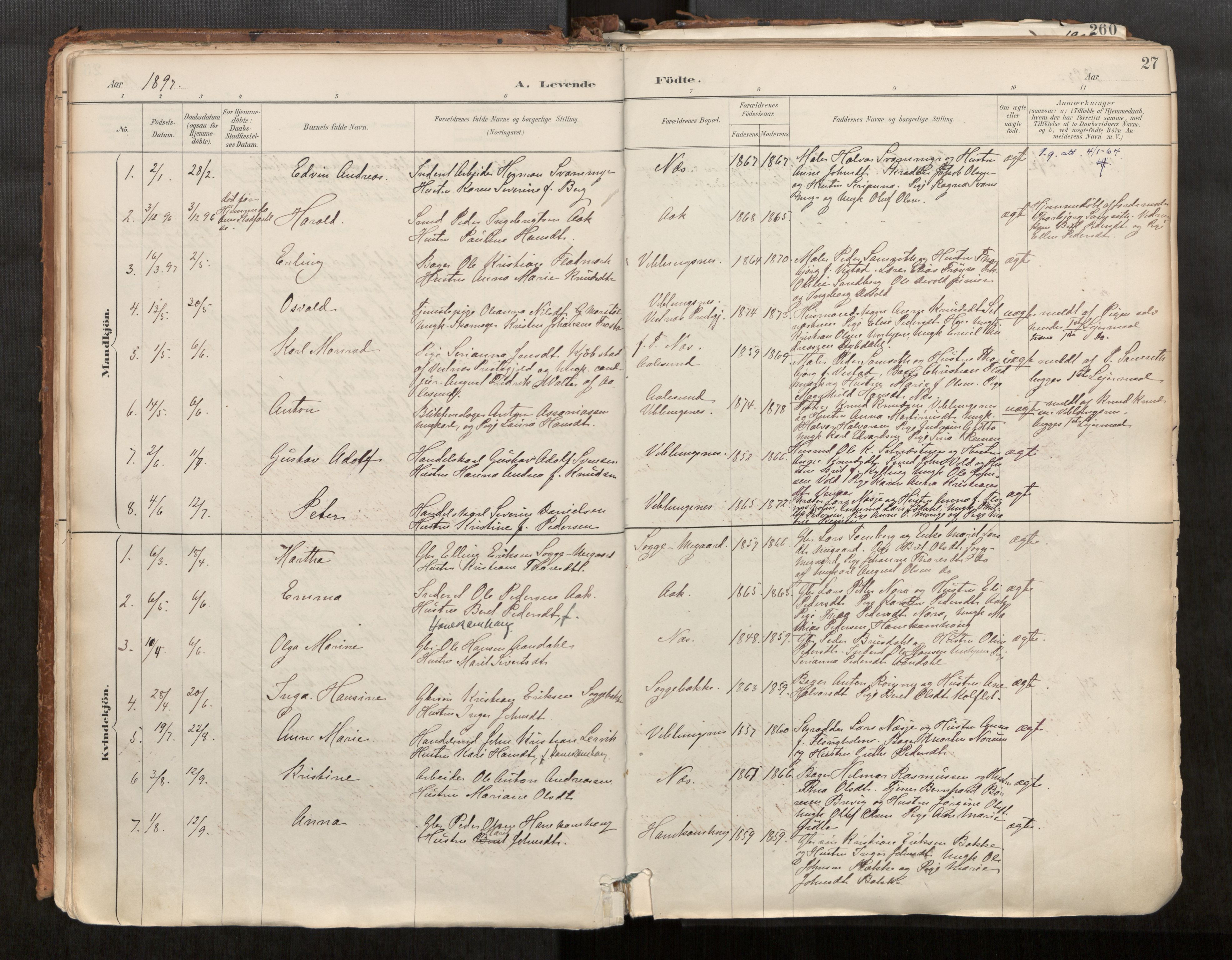 Ministerialprotokoller, klokkerbøker og fødselsregistre - Møre og Romsdal, SAT/A-1454/544/L0585: Parish register (official) no. 544A06, 1887-1924, p. 27