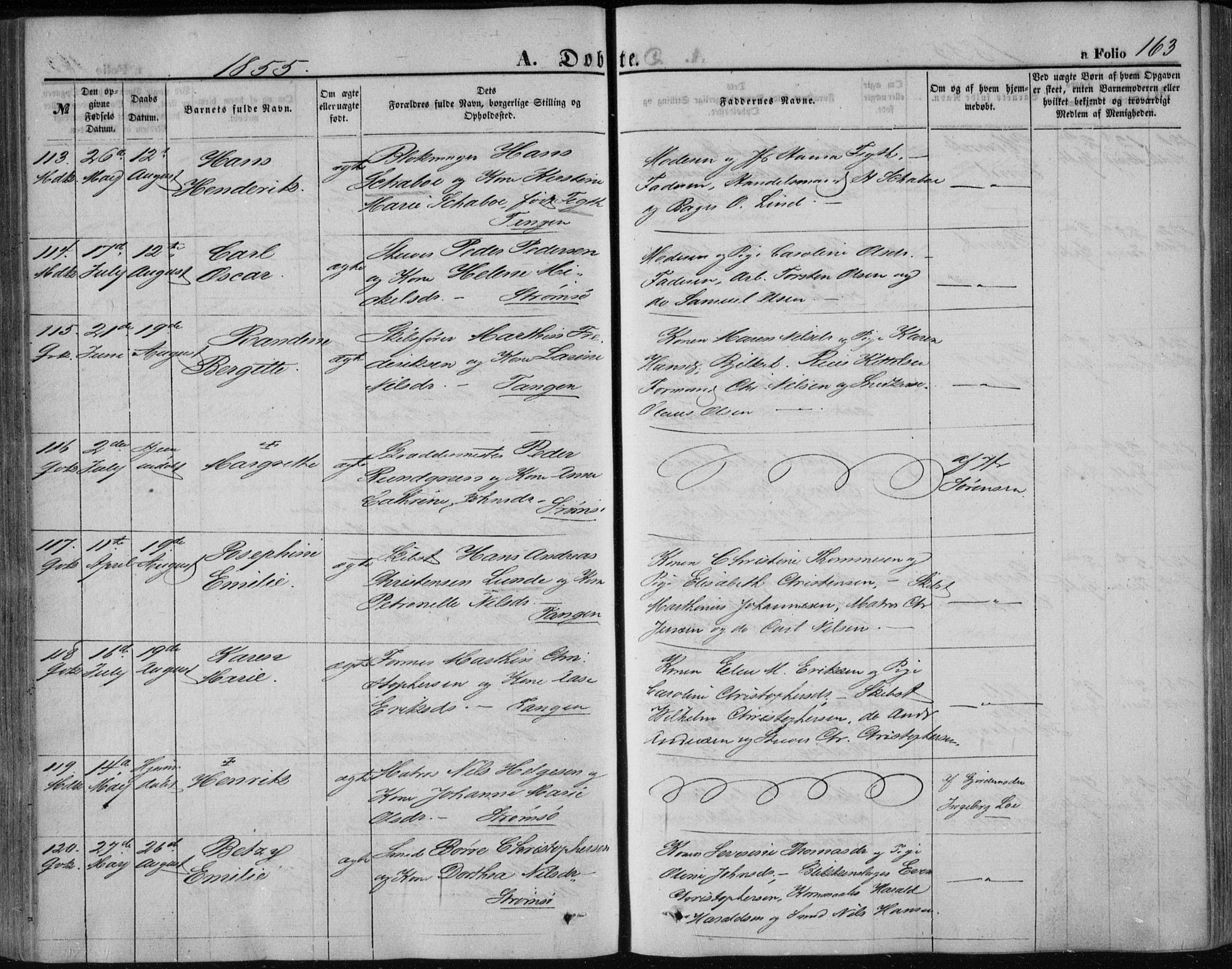 Strømsø kirkebøker, SAKO/A-246/F/Fa/L0014: Parish register (official) no. I 14, 1848-1858, p. 163