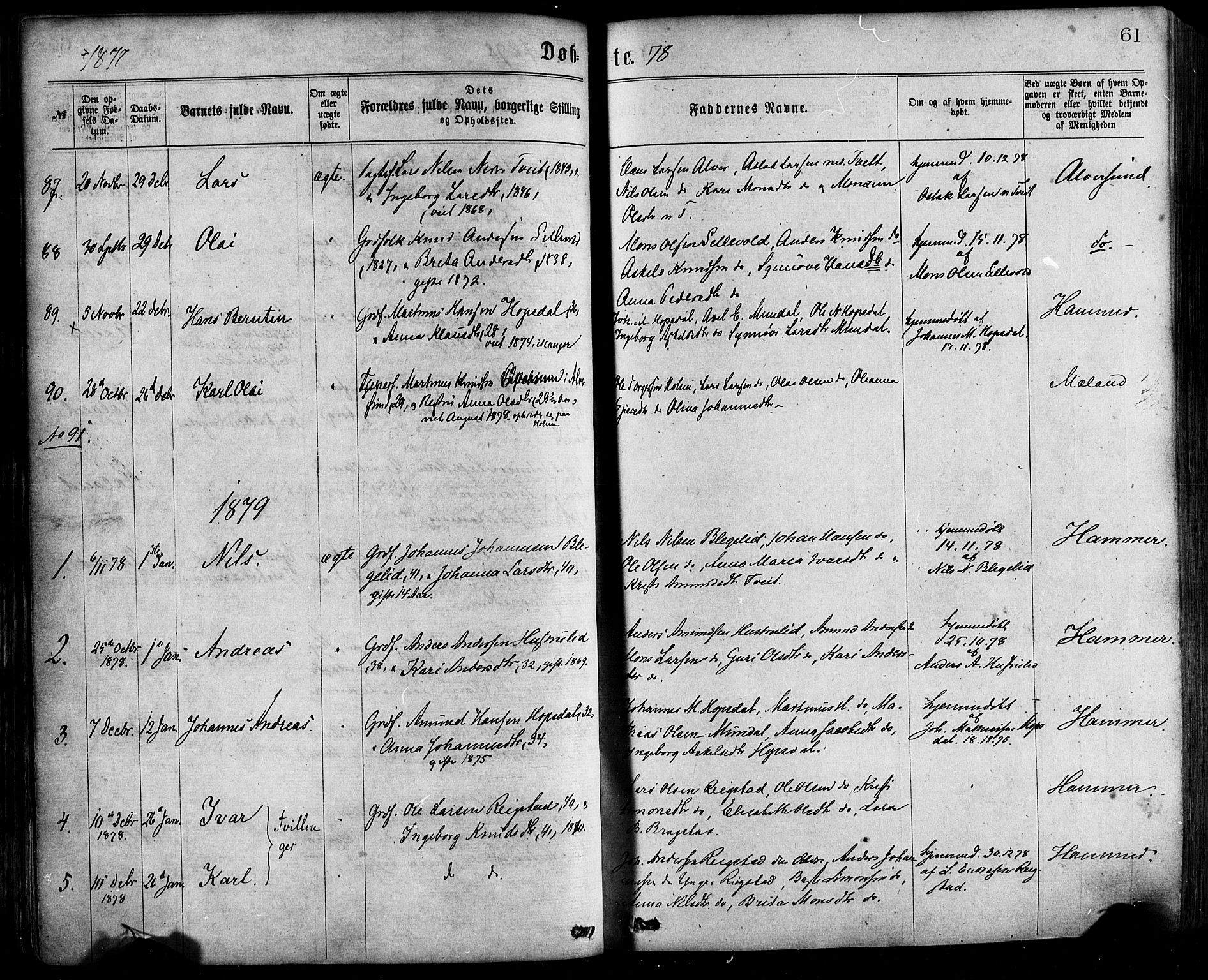 Hamre sokneprestembete, SAB/A-75501/H/Ha/Haa/Haaa/L0015: Parish register (official) no. A 15, 1870-1881, p. 61