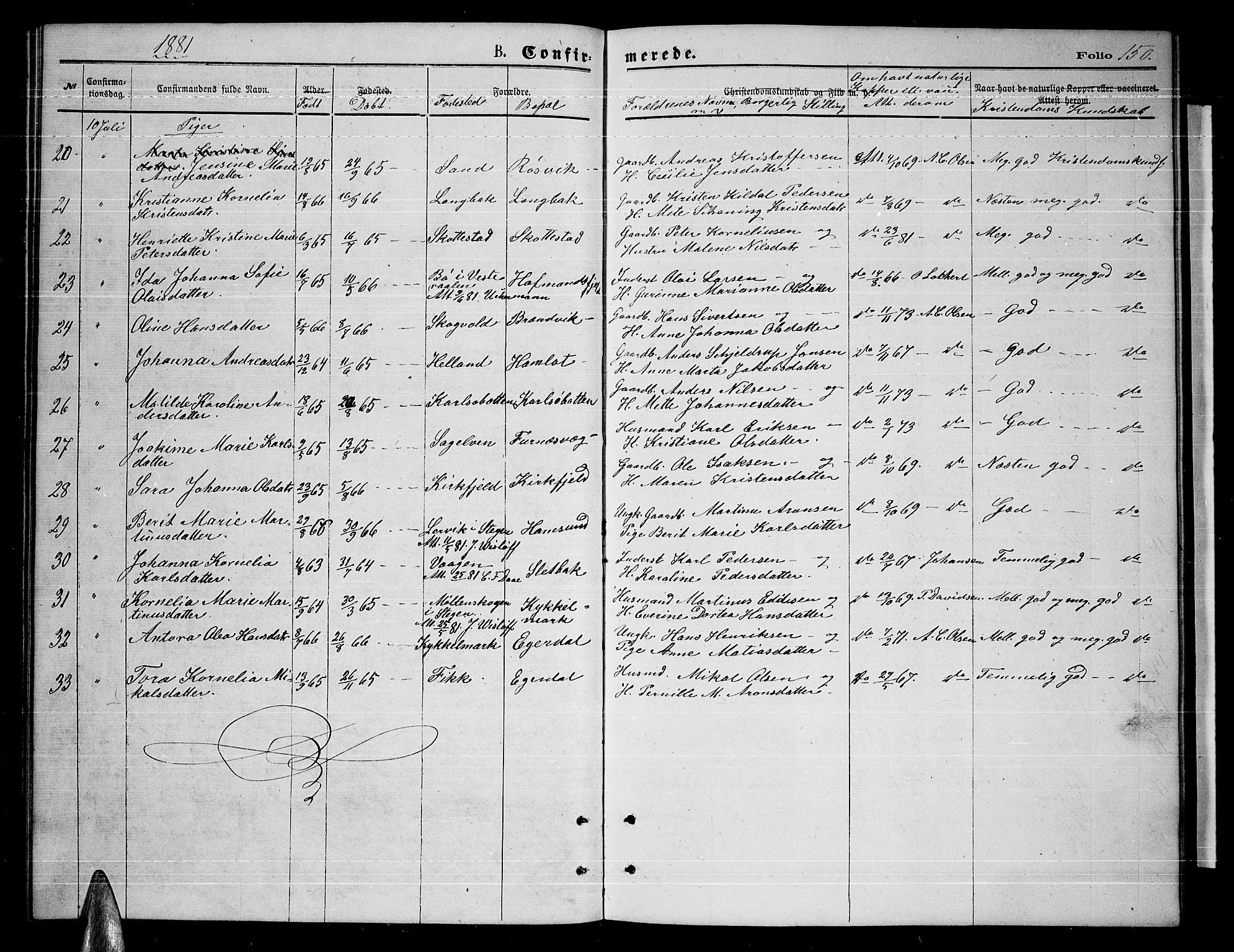 Ministerialprotokoller, klokkerbøker og fødselsregistre - Nordland, AV/SAT-A-1459/859/L0858: Parish register (copy) no. 859C04, 1873-1886, p. 150