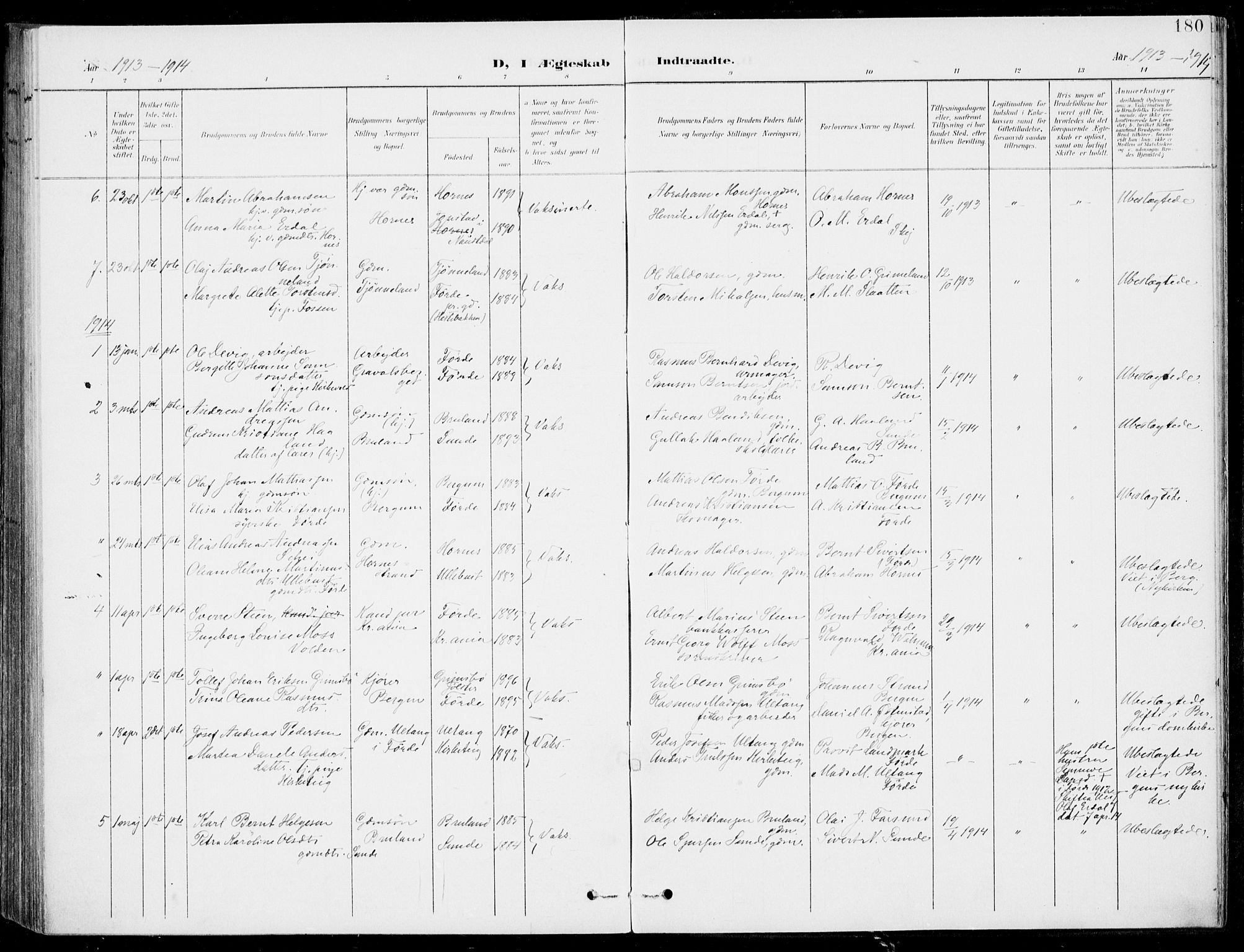 Førde sokneprestembete, SAB/A-79901/H/Haa/Haab/L0002: Parish register (official) no. B  2, 1899-1920, p. 180