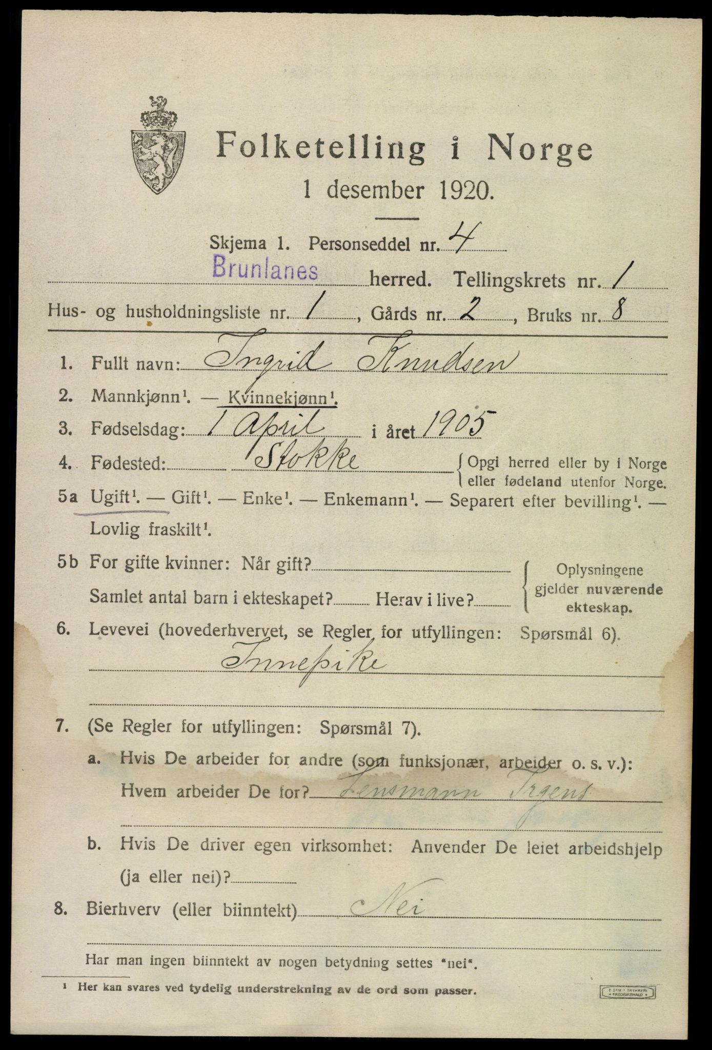 SAKO, 1920 census for Brunlanes, 1920, p. 1969