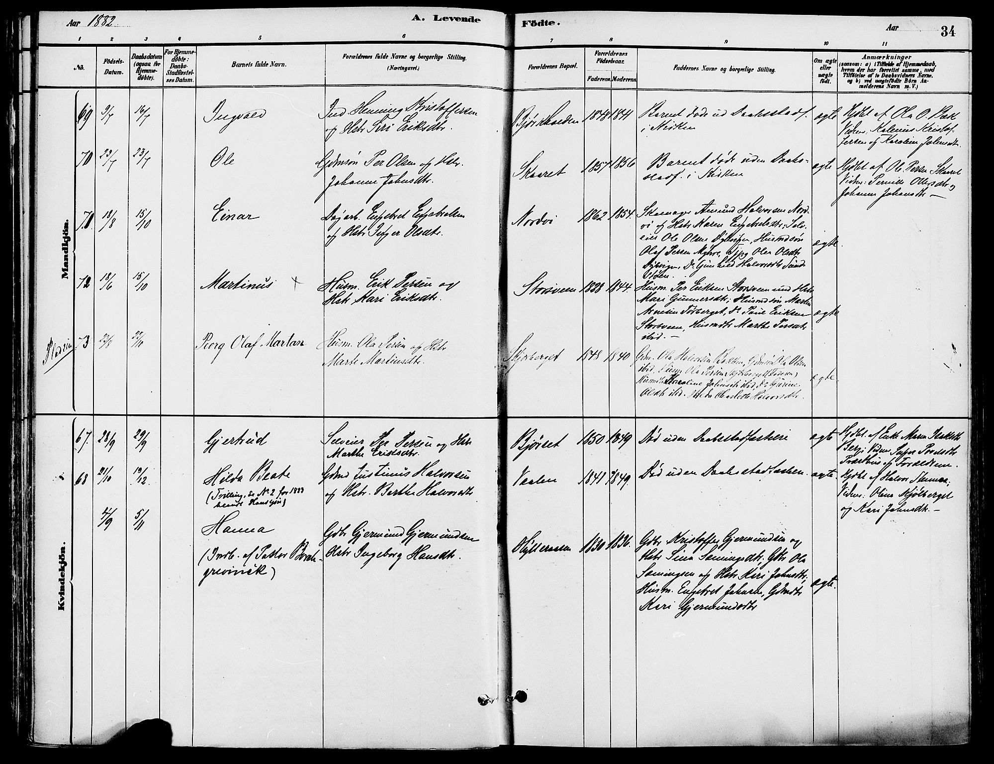 Trysil prestekontor, AV/SAH-PREST-046/H/Ha/Haa/L0008: Parish register (official) no. 8, 1881-1897, p. 34