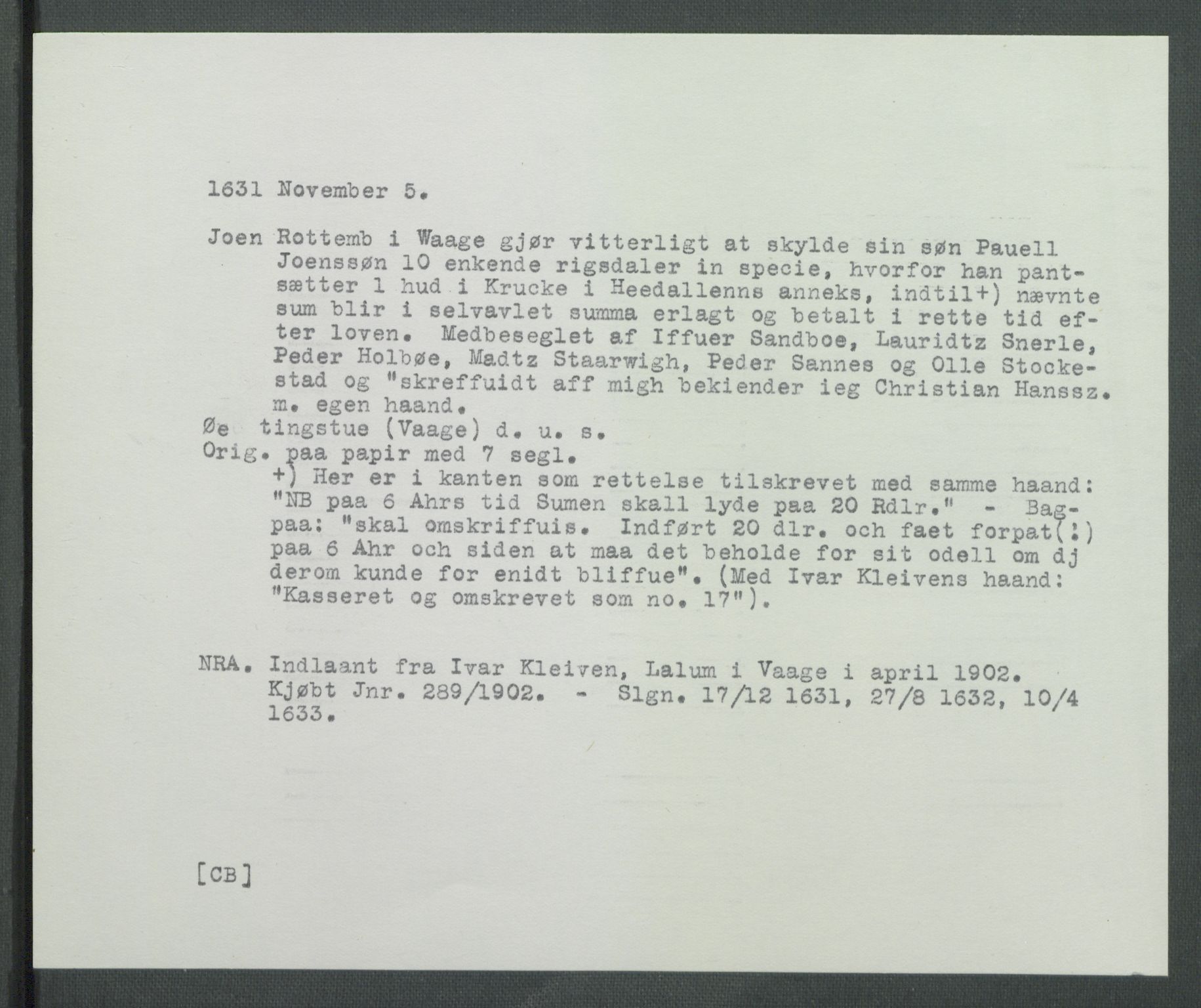 Riksarkivets diplomsamling, AV/RA-EA-5965/F02/L0141: Dokumenter, 1631, p. 7