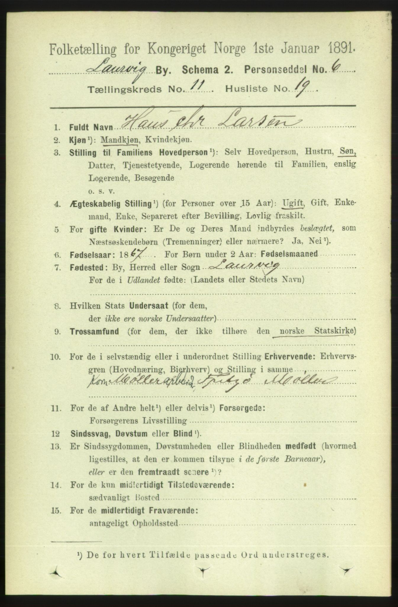 RA, 1891 census for 0707 Larvik, 1891, p. 9825