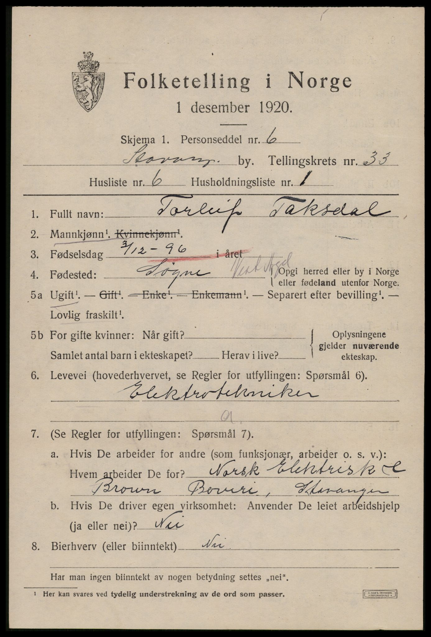 SAST, 1920 census for Stavanger, 1920, p. 90776