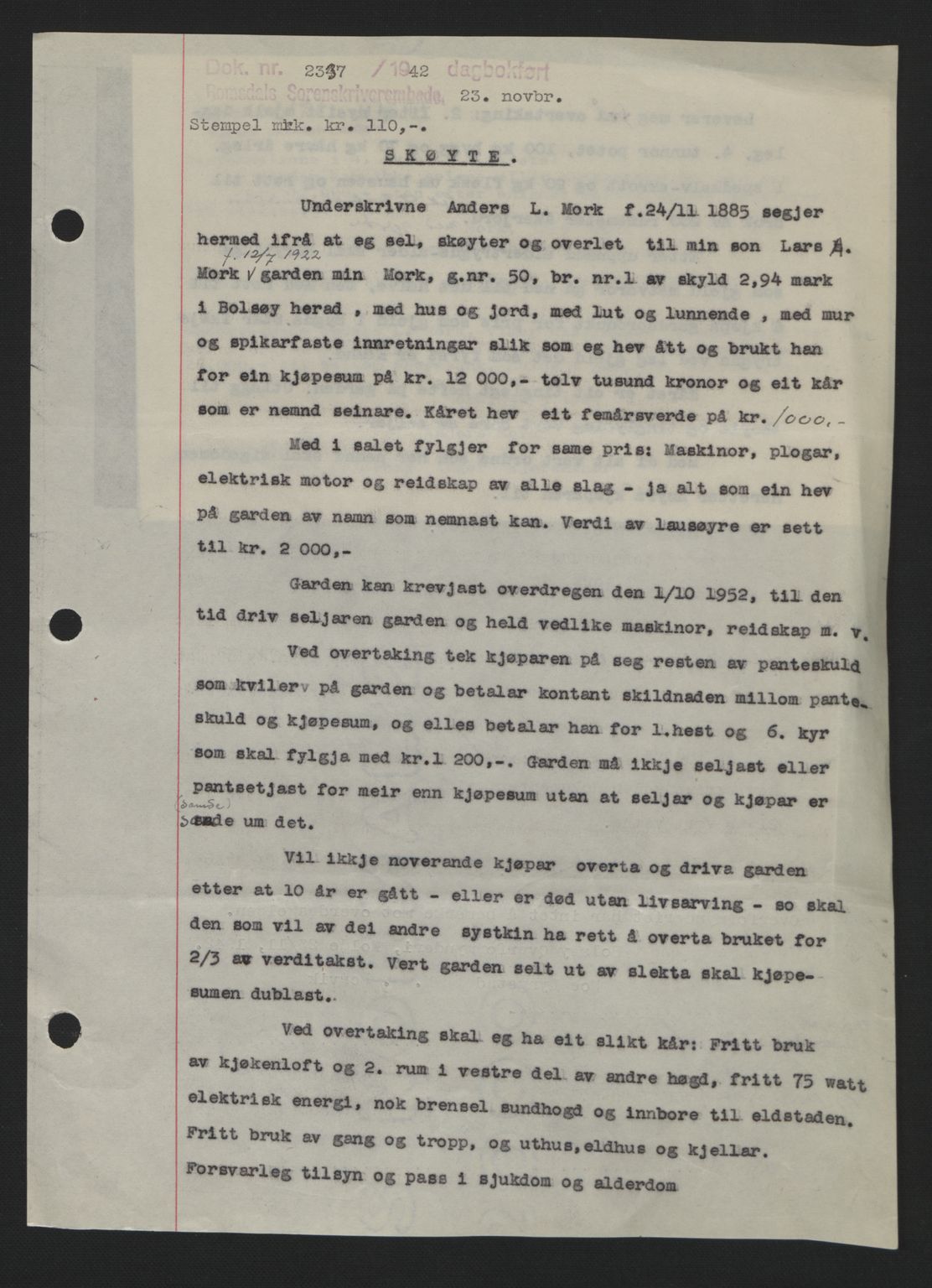 Romsdal sorenskriveri, AV/SAT-A-4149/1/2/2C: Mortgage book no. A13, 1942-1943, Diary no: : 2337/1942