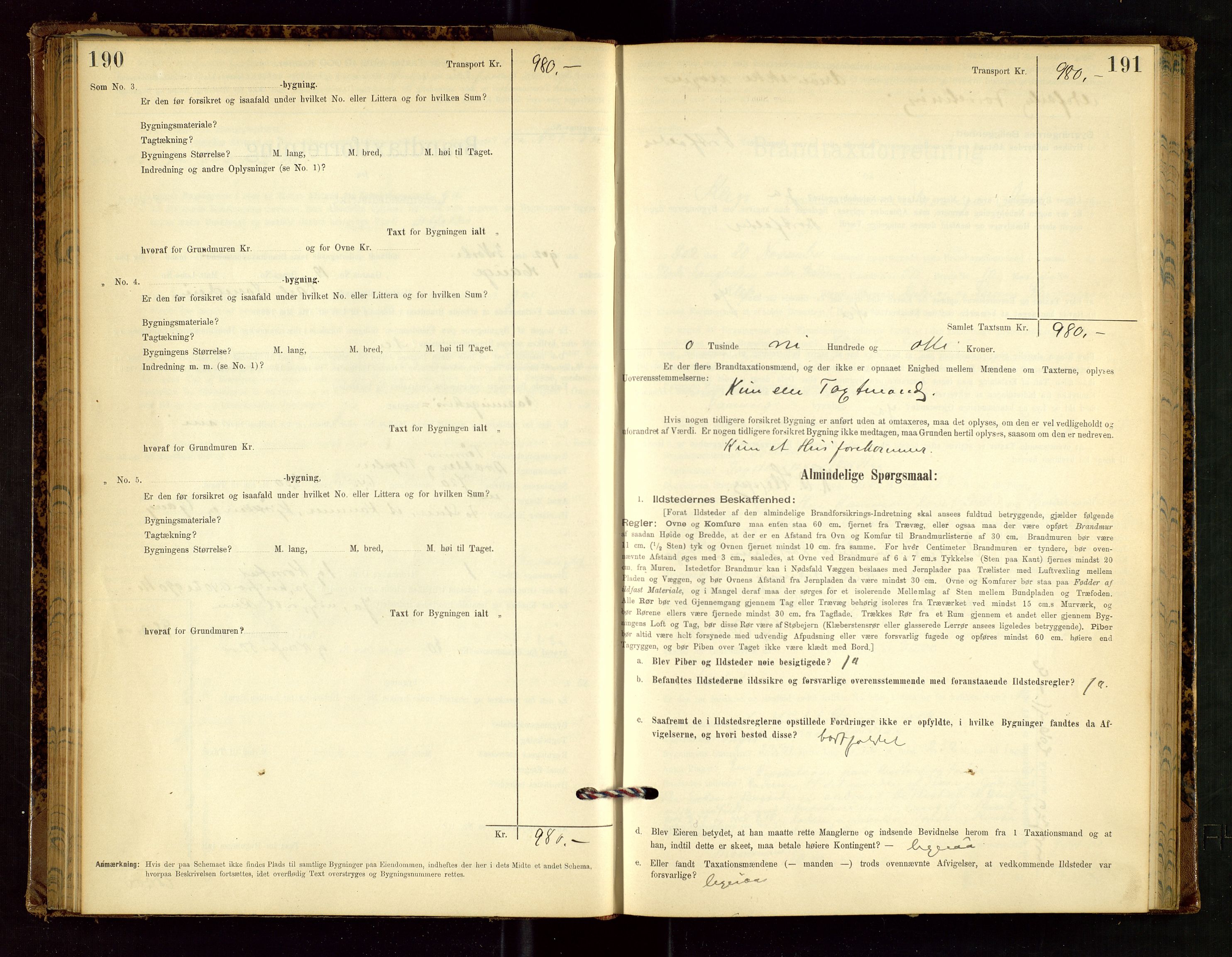 Klepp lensmannskontor, SAST/A-100163/Goc/L0002: "Brandtaxationsprotokol" m/register, 1898-1902, p. 190-191