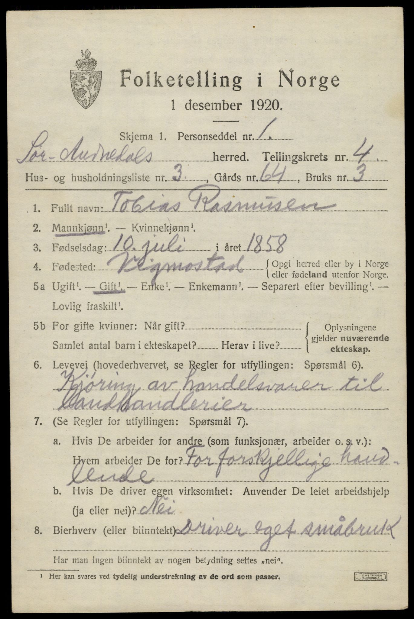 SAK, 1920 census for Sør-Audnedal, 1920, p. 2183